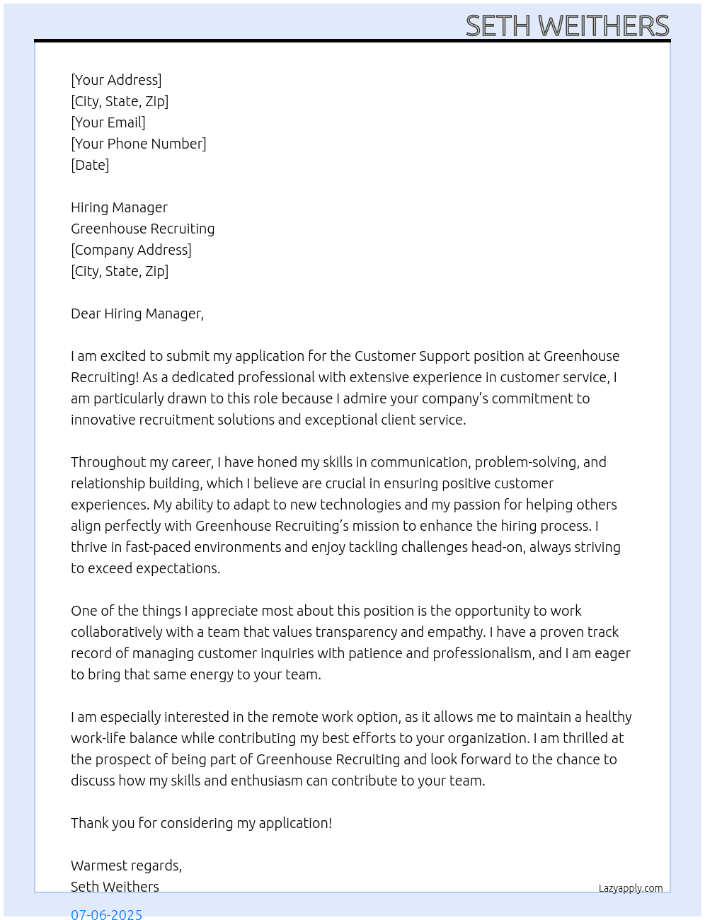 Customer Support At Greenhouse Recruiting Cover Letter