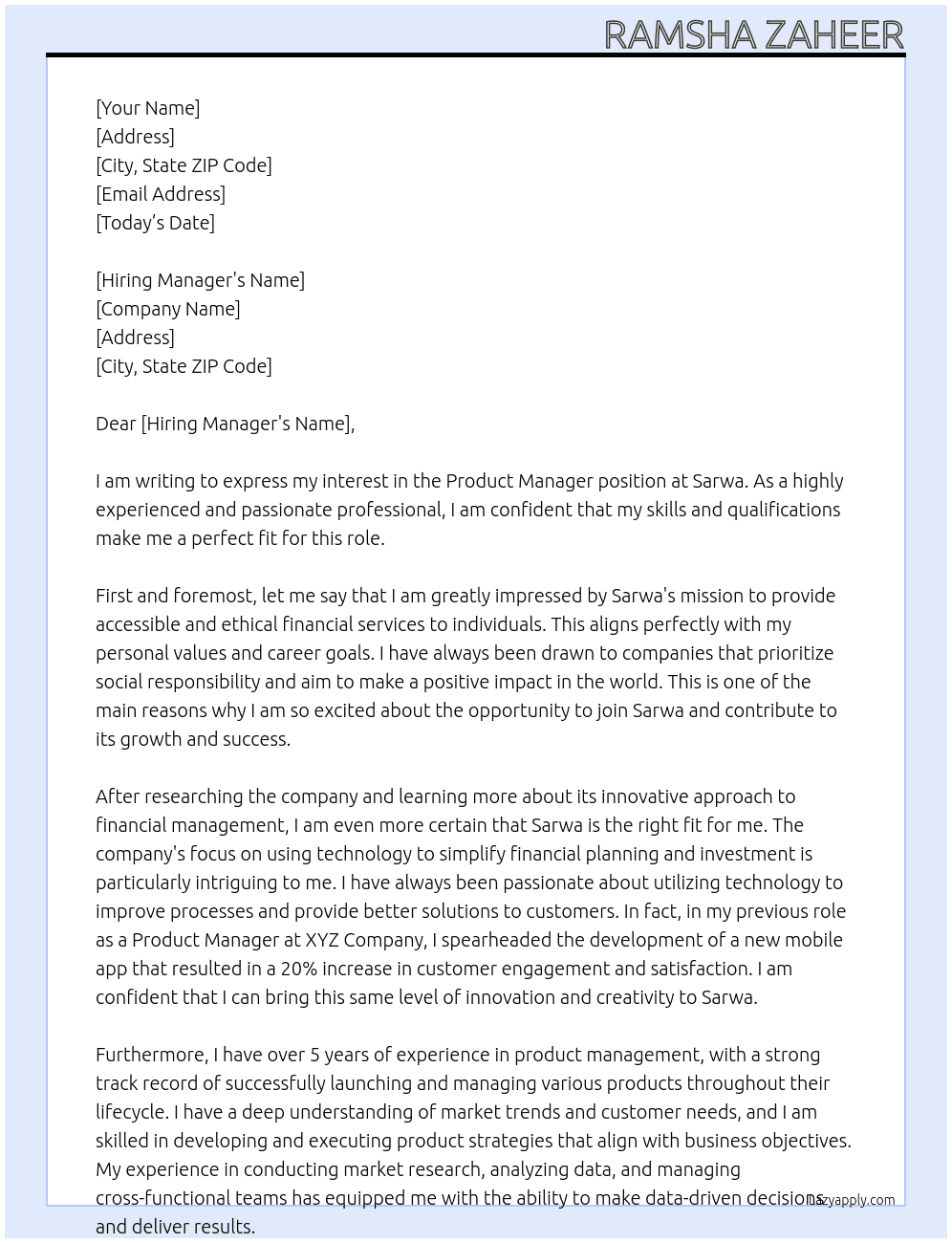 Product Manager At Sarwa Cover Letter