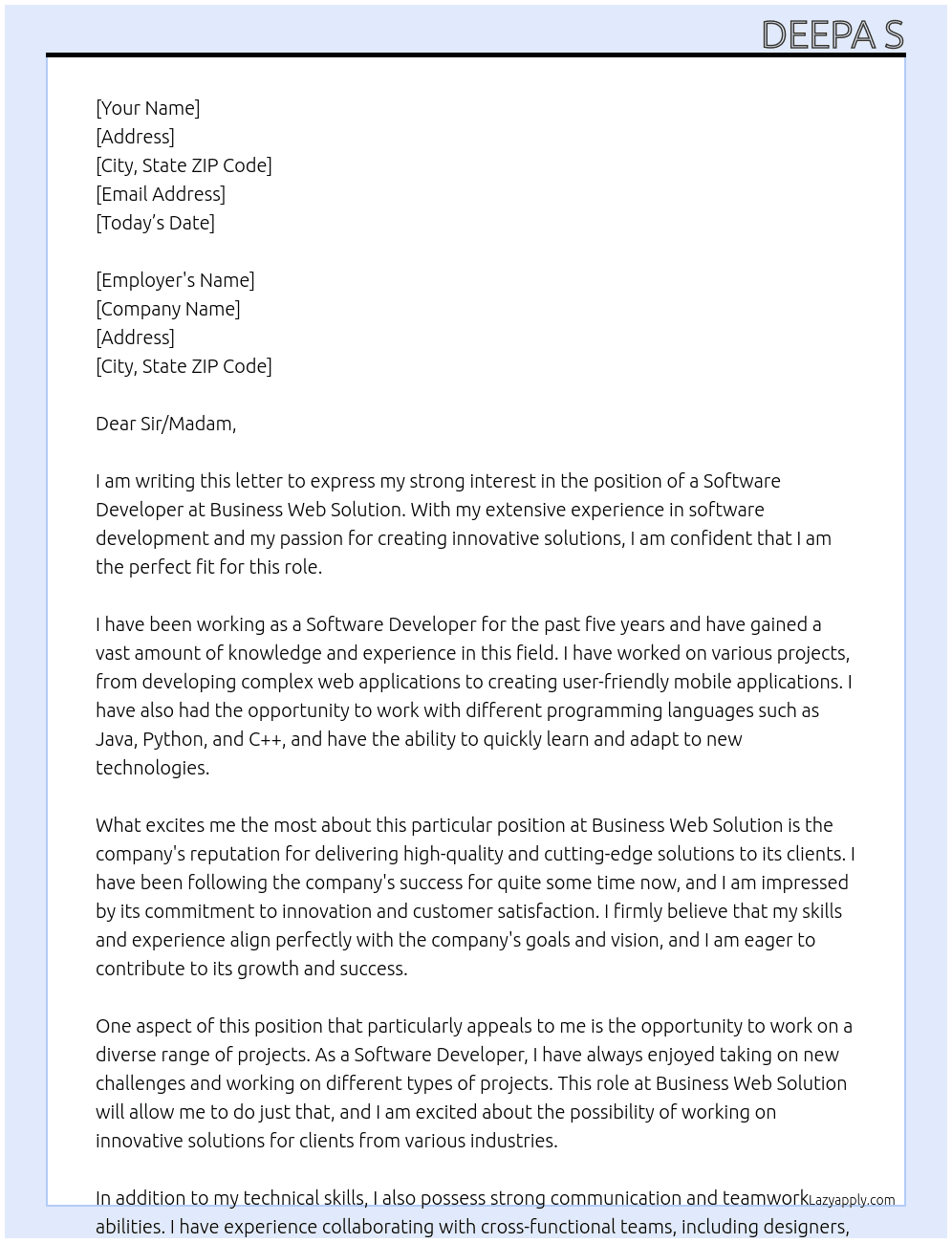 software developer At Bussiness web solution Cover Letter