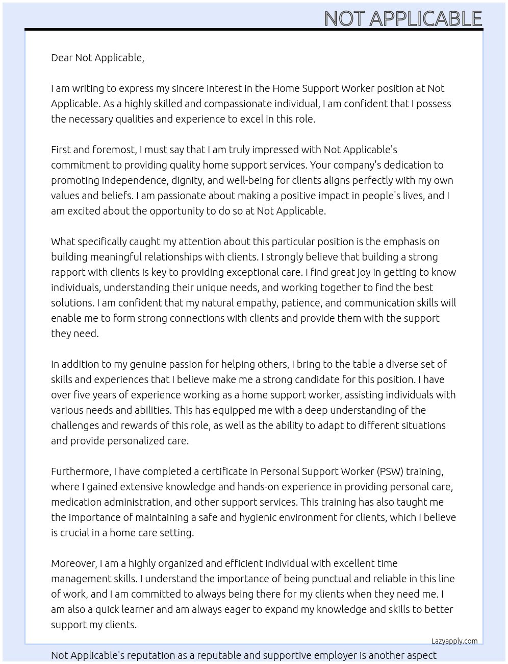 Home support worker At Not Applicable Cover Letter