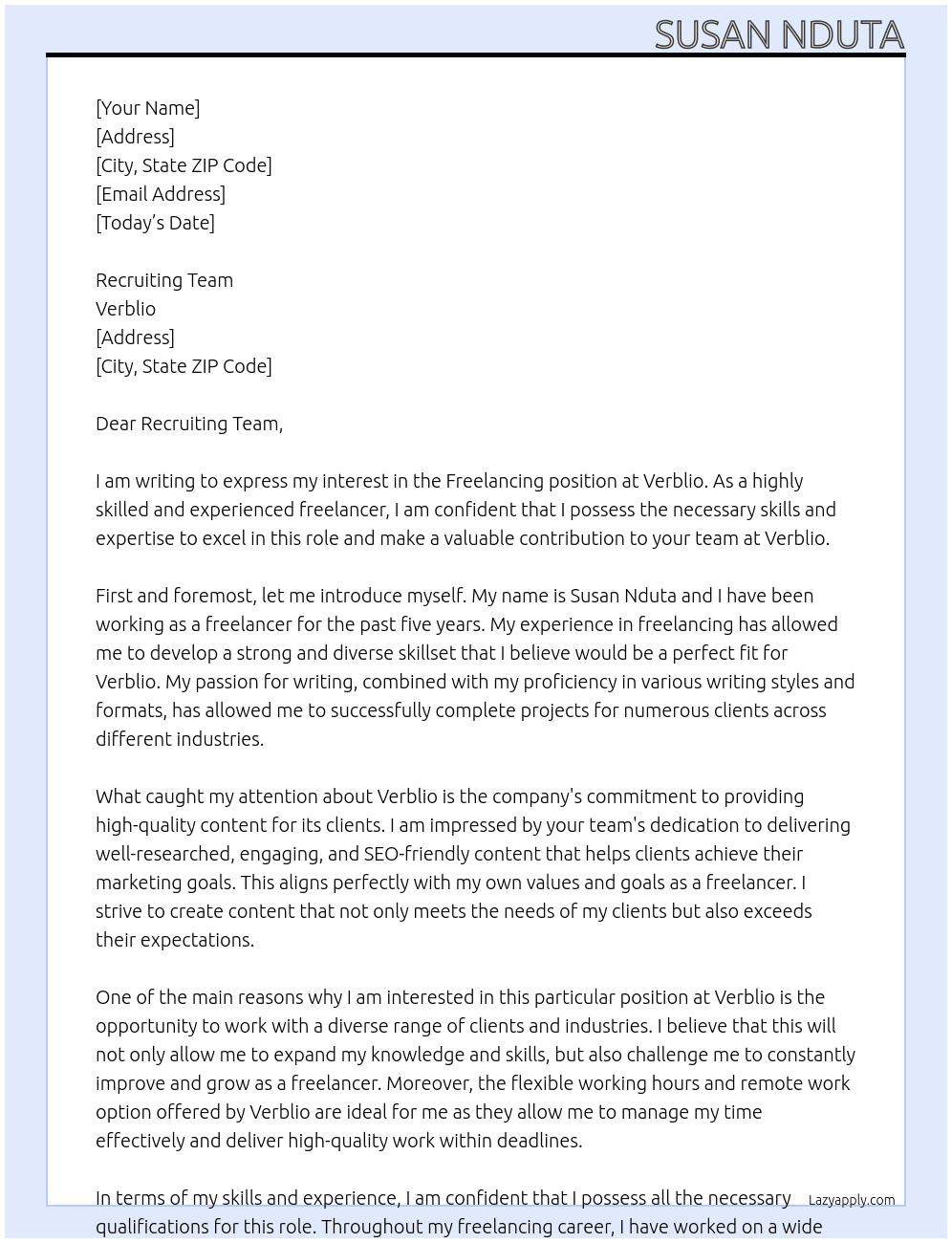 free lancing At Verblio Cover Letter