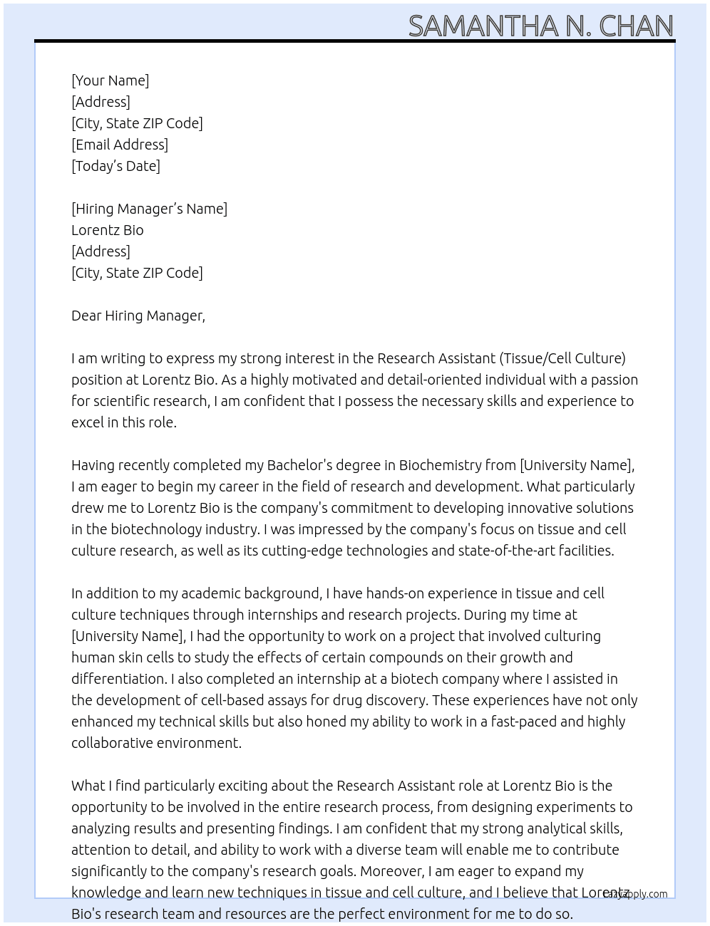 Research Assistant (Tissue/Cell Culture) At Lorentz Bio Cover Letter