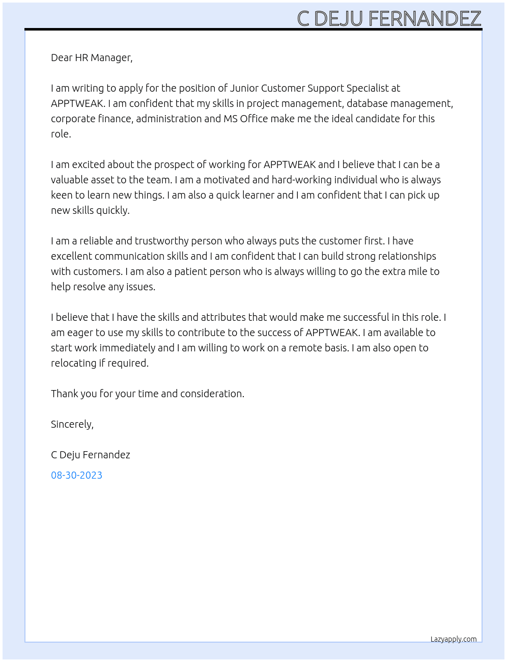 Junior Customer Support Specialist At APPTWEAK Cover Letter