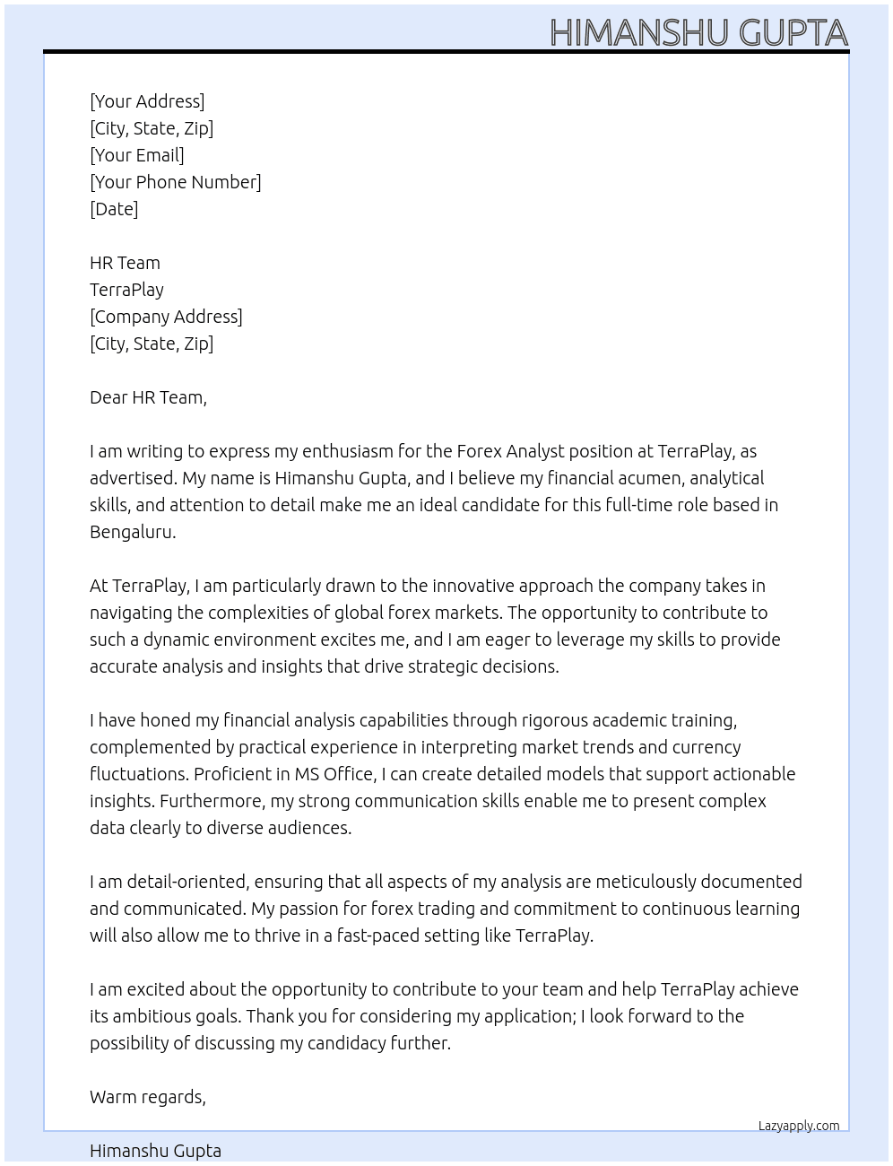Forex Analyst At TerraPlay Cover Letter