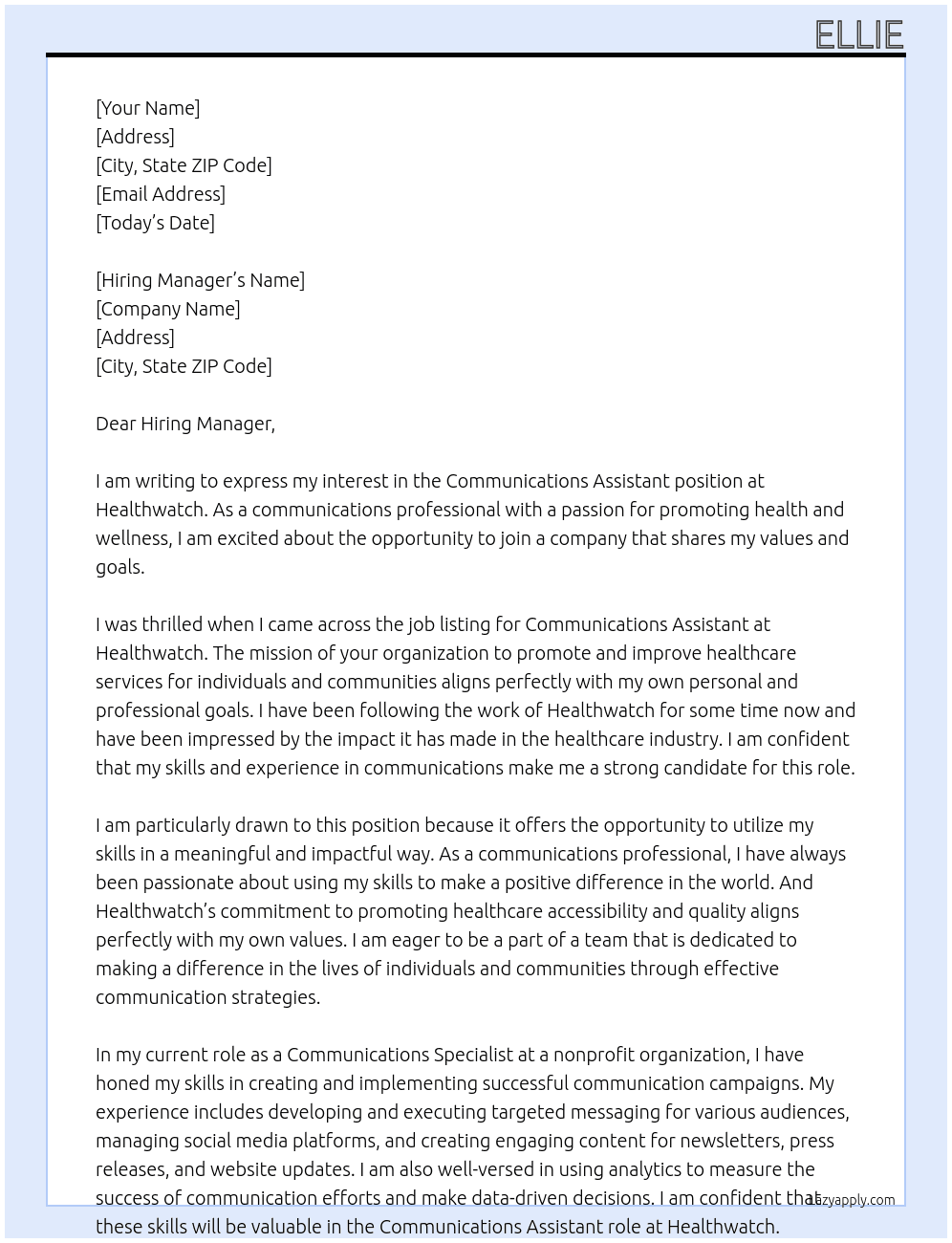 Communications Assistant At Healthwatch Cover Letter