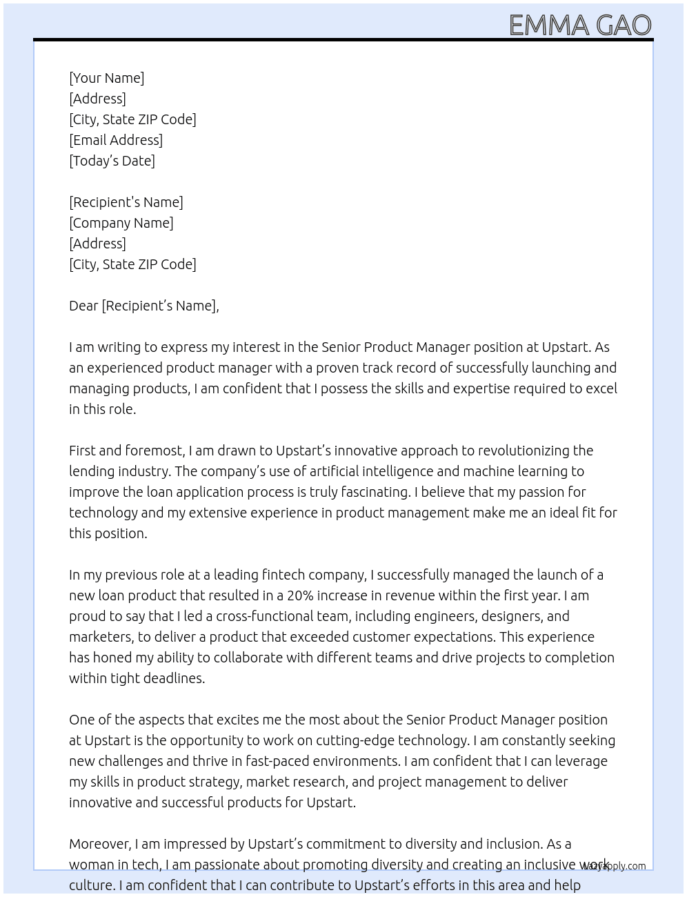 Senior Product Manager At Upstart Cover Letter