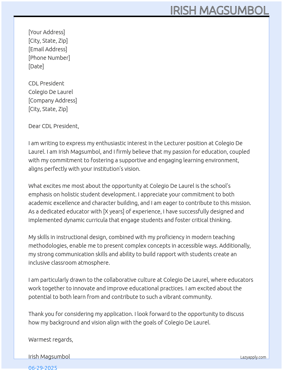 lecturer At Colegio De Laurel Cover Letter