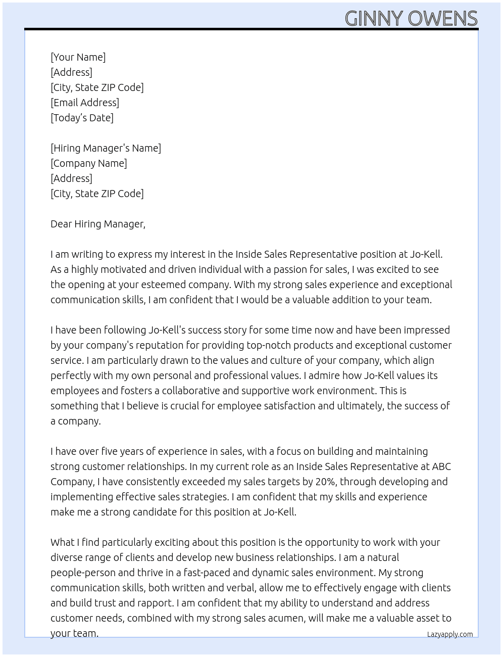 Inside Sales Representative At Jo-Kell Cover Letter