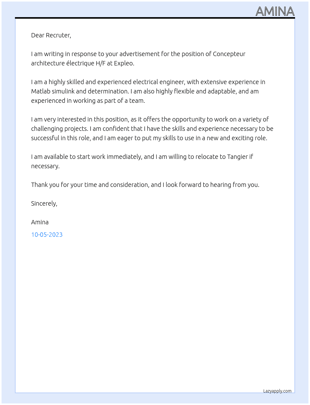 Concepteur architecture électrique H/F At Expleo Cover Letter
