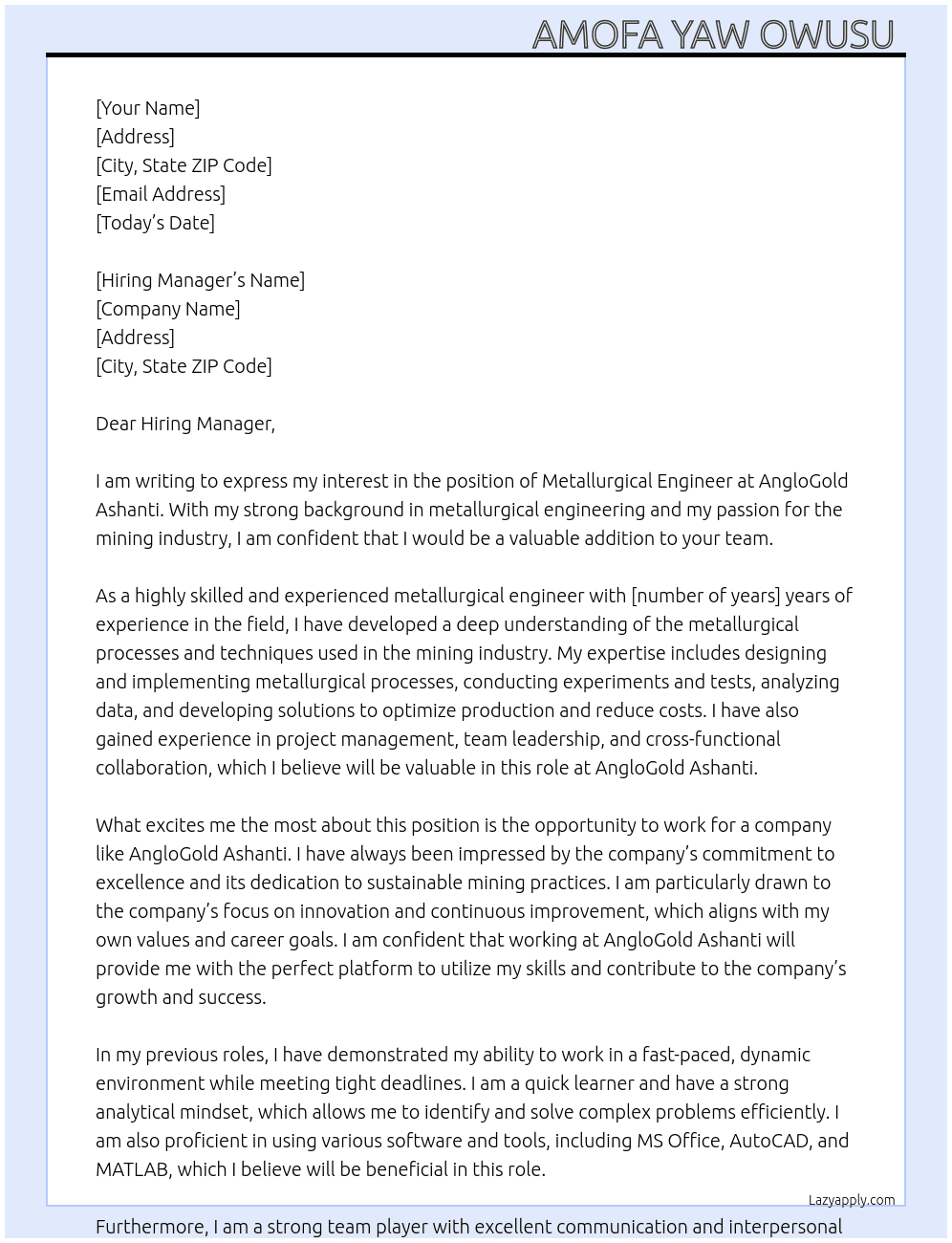 metallurgical Engineer  At AngloGold Ashanti  Cover Letter