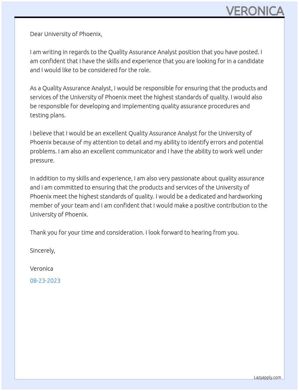 Quality Assurance Analyst At University of Phoenix Cover Letter