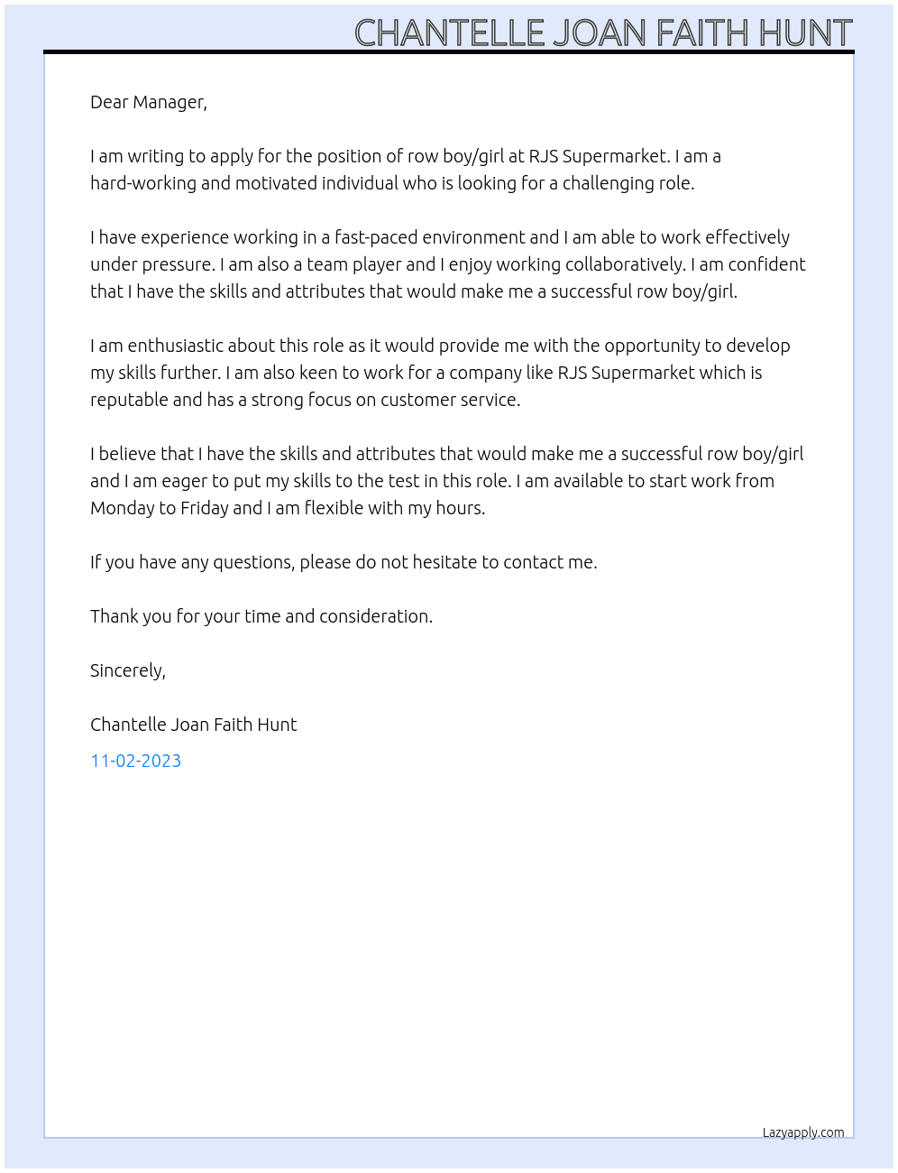 Row boy/girls At RJS Supermarket  Cover Letter