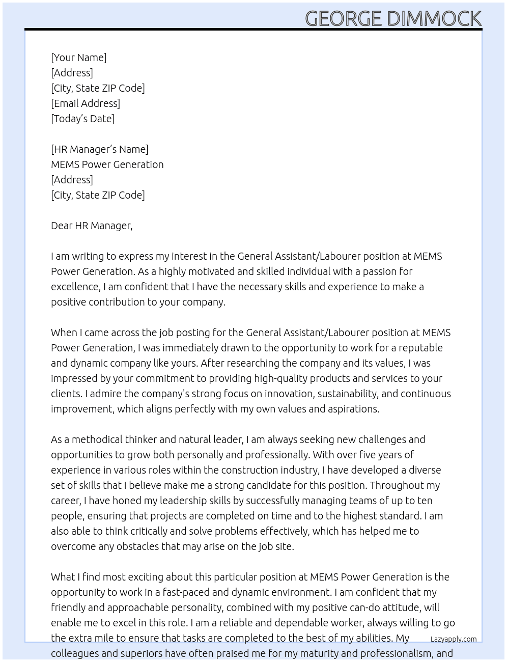 General Assistant / Labourer At MEMS Power Generation Cover Letter