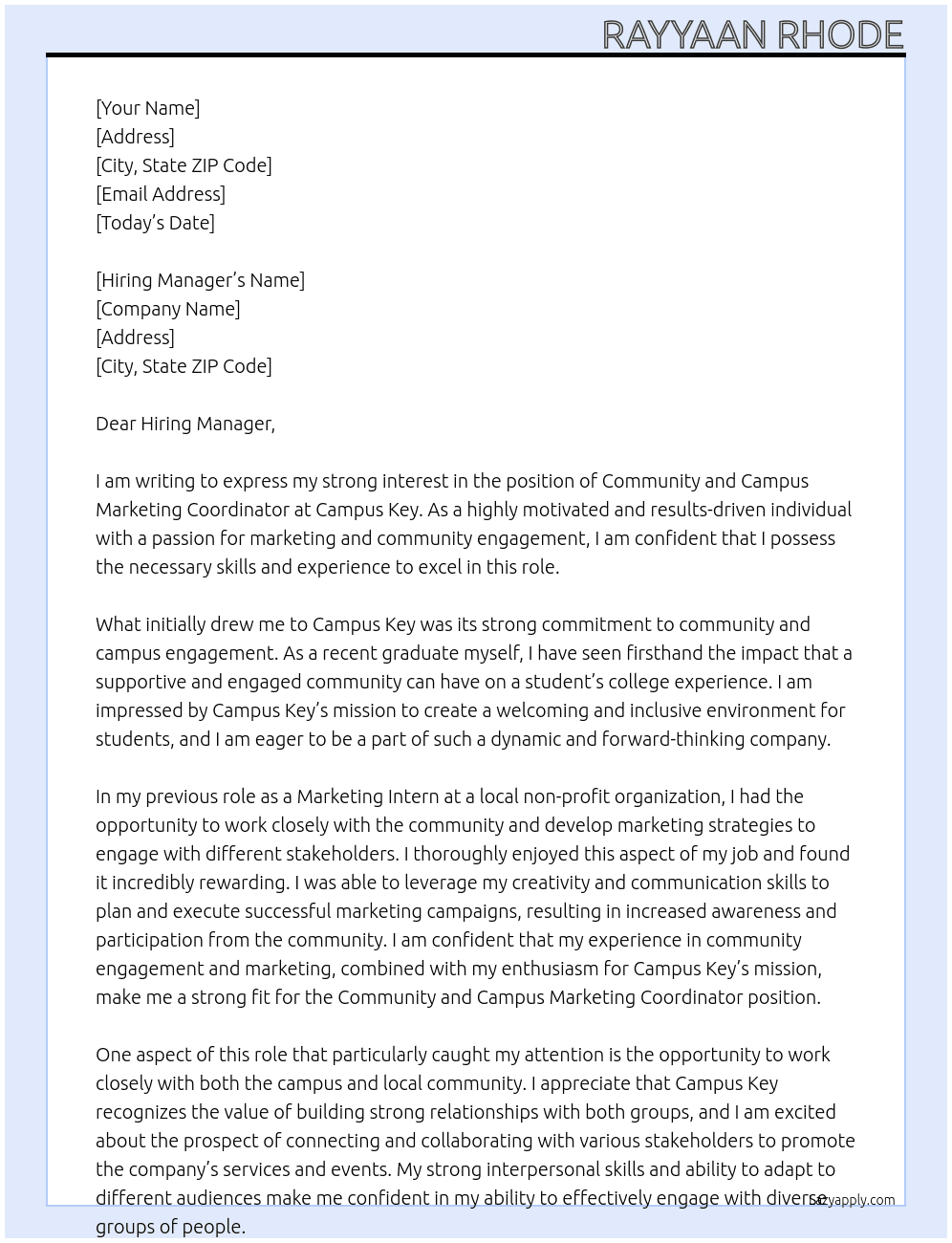Community and Campus Marketing CoordinatorR At Campus Key Cover Letter
