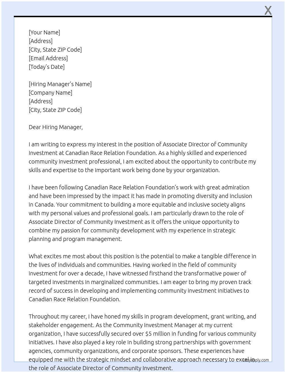 Associate Director of Community Investment At Canadian Race Relation Foundation Cover Letter