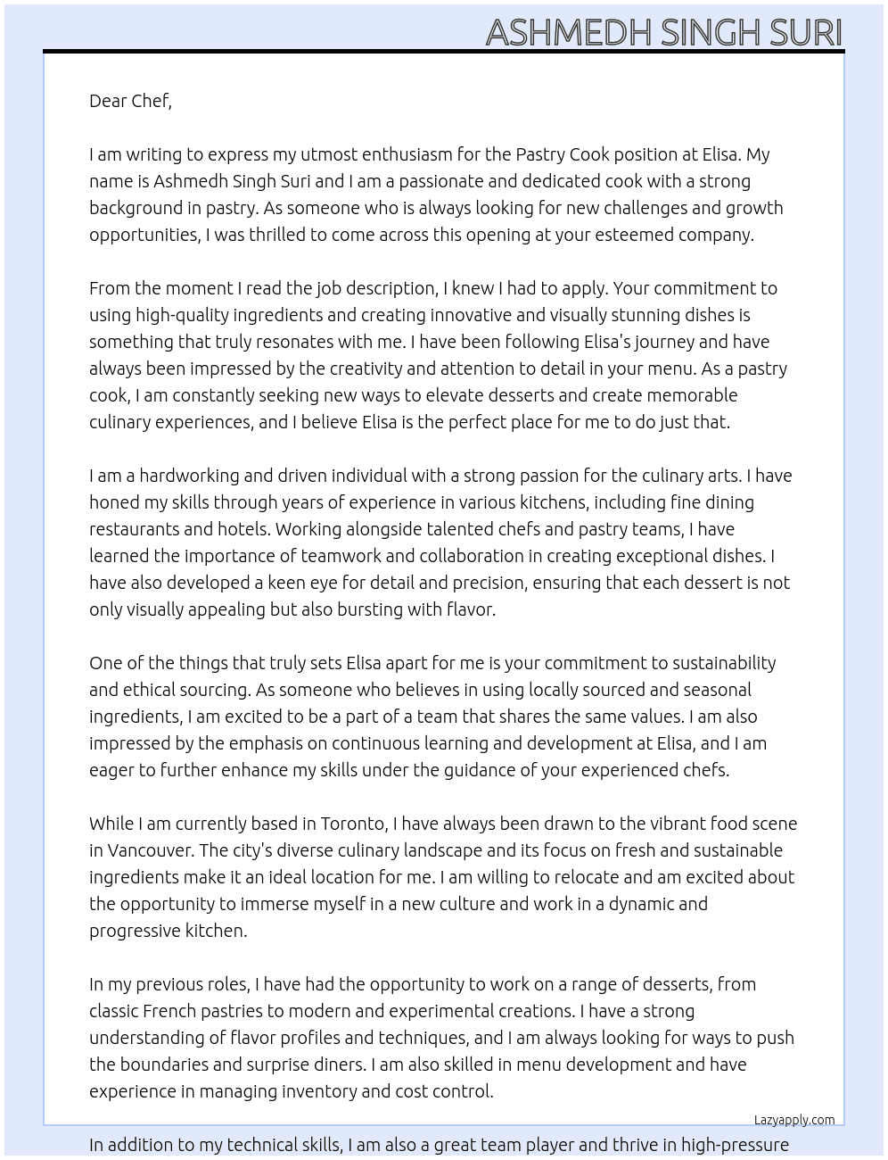 Pastry cook At Elisa Cover Letter