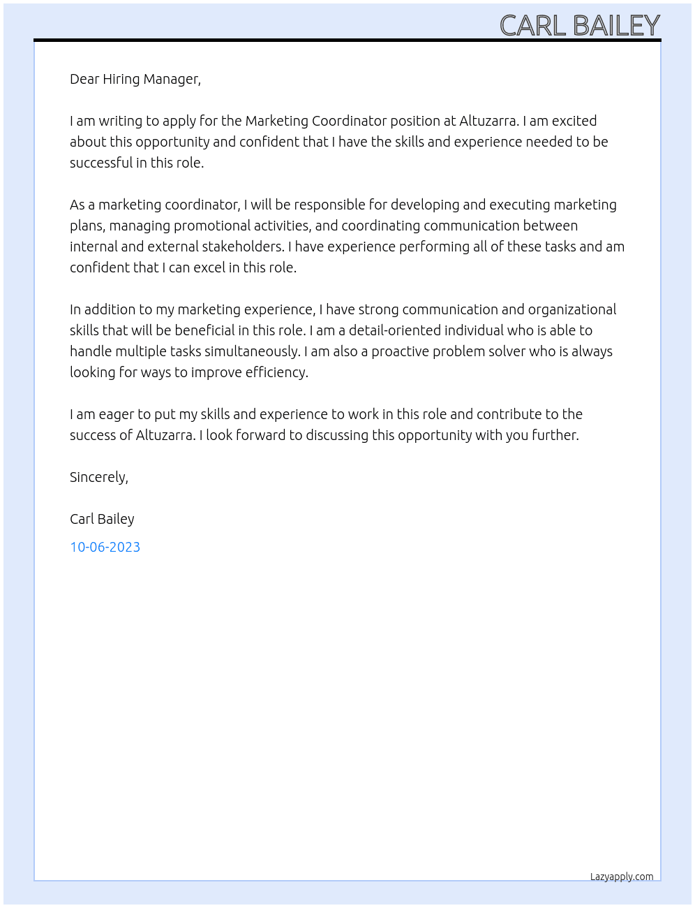 Marketing Coordinator  At Altuzarra Cover Letter