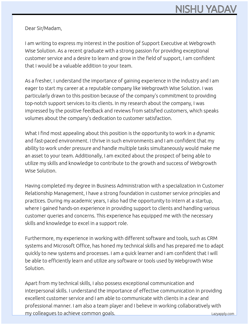 support support executive as fresher At Webgrowth wise solution Cover Letter