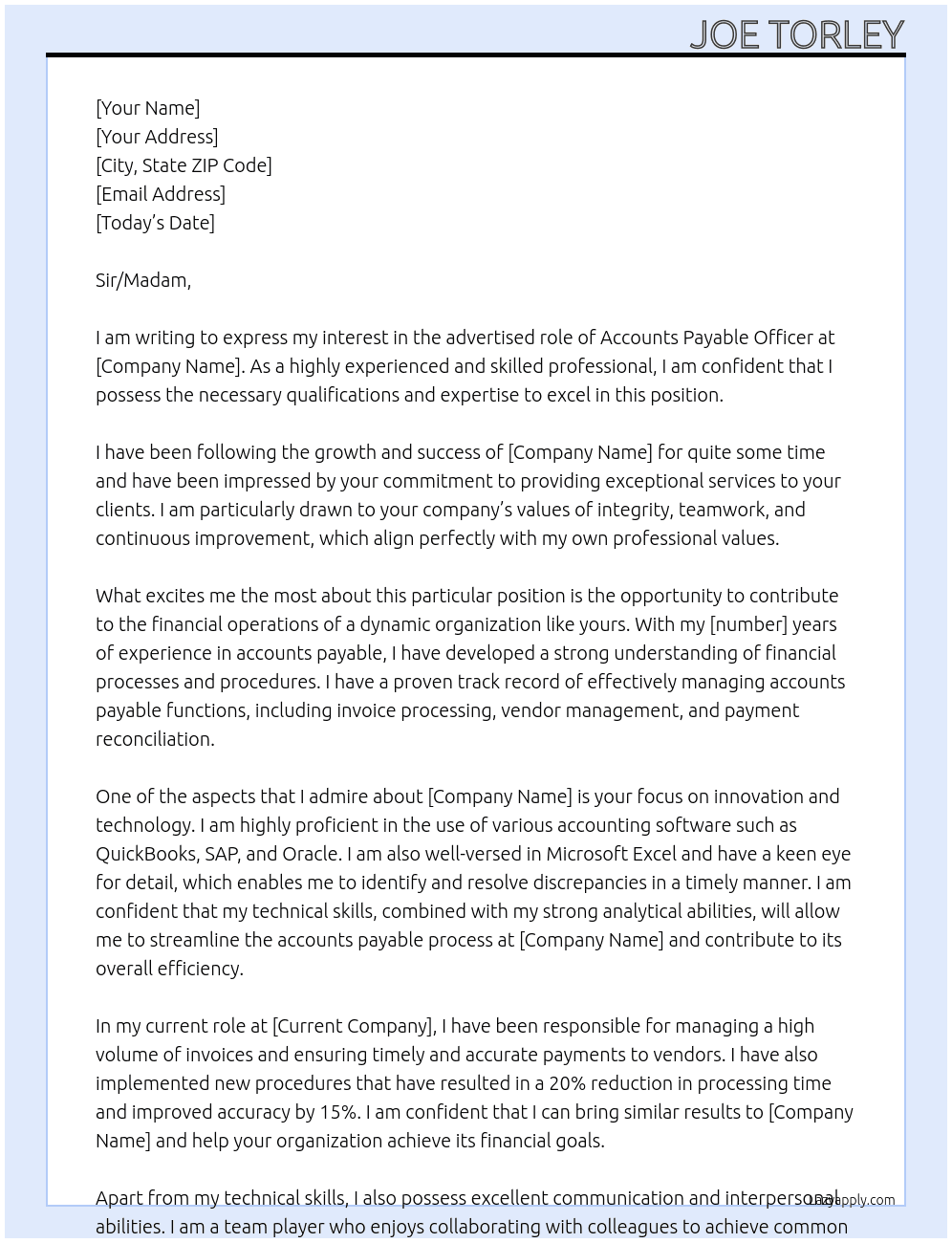 Accounts Payable Officer At advertised role Cover Letter