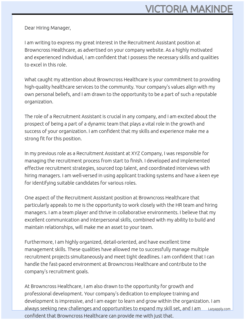 Recruitment Assistant At Browncross Healthcare Cover Letter