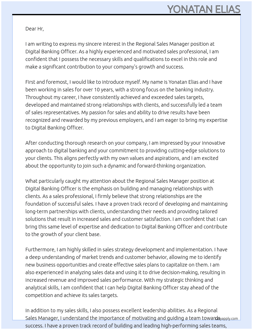Regional Sale Manager At Digital Banking Officer Cover Letter