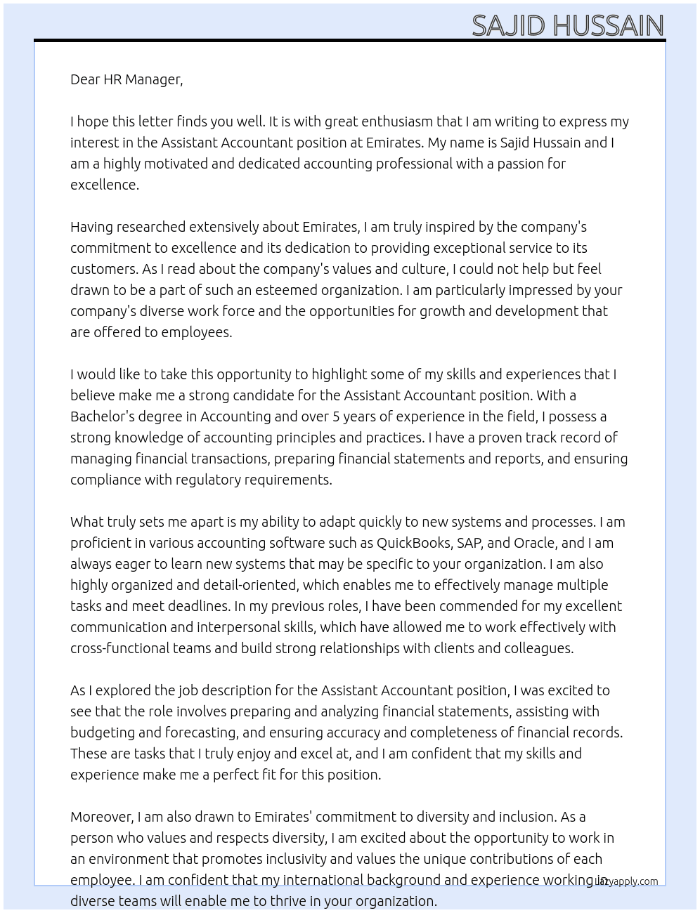 Assistant accountant  At Emirates  Cover Letter