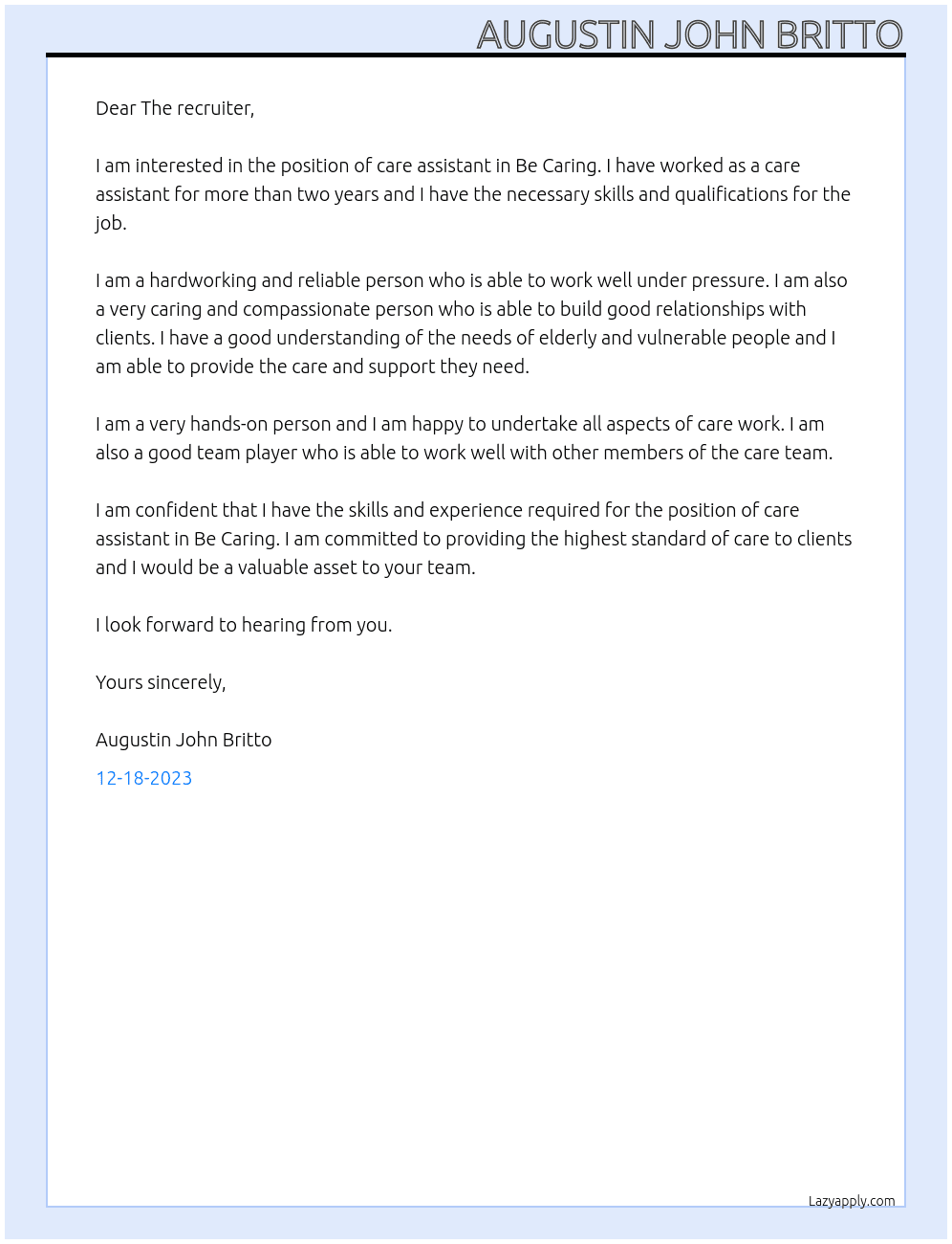Care Assistant At Be Caring Cover Letter