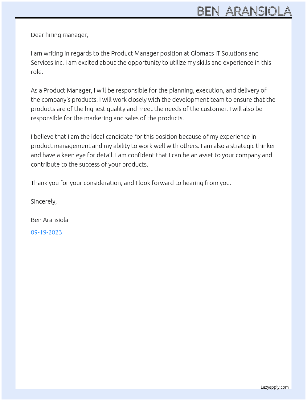 Product Manager At Glomacs IT Solutions and Services Inc Cover Letter