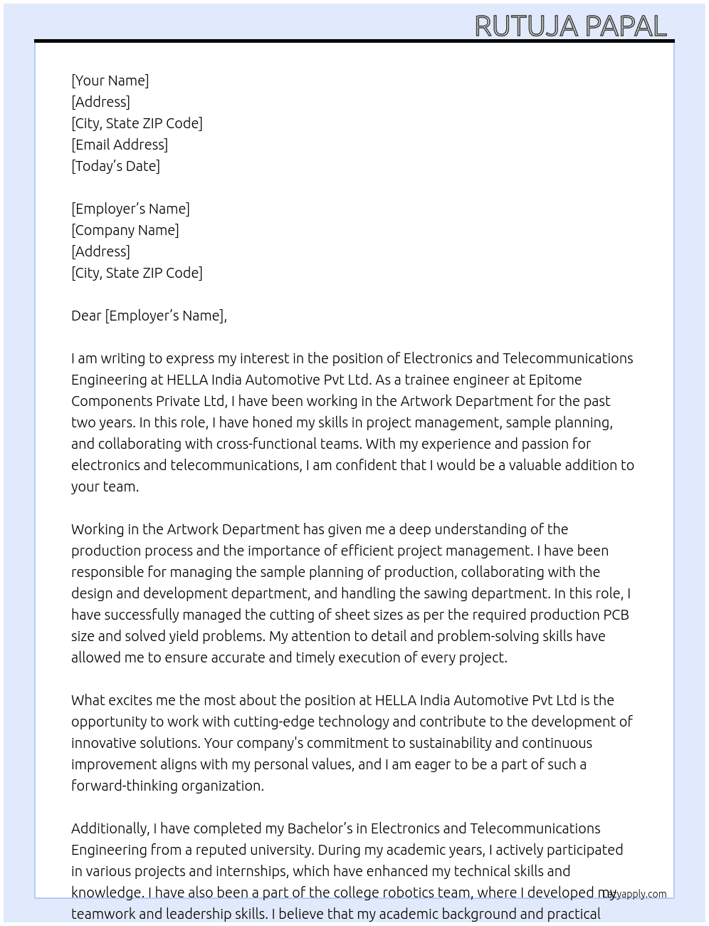 Electronics and telecommunications engineering  At HELLA India Automotive pvt ltd Cover Letter