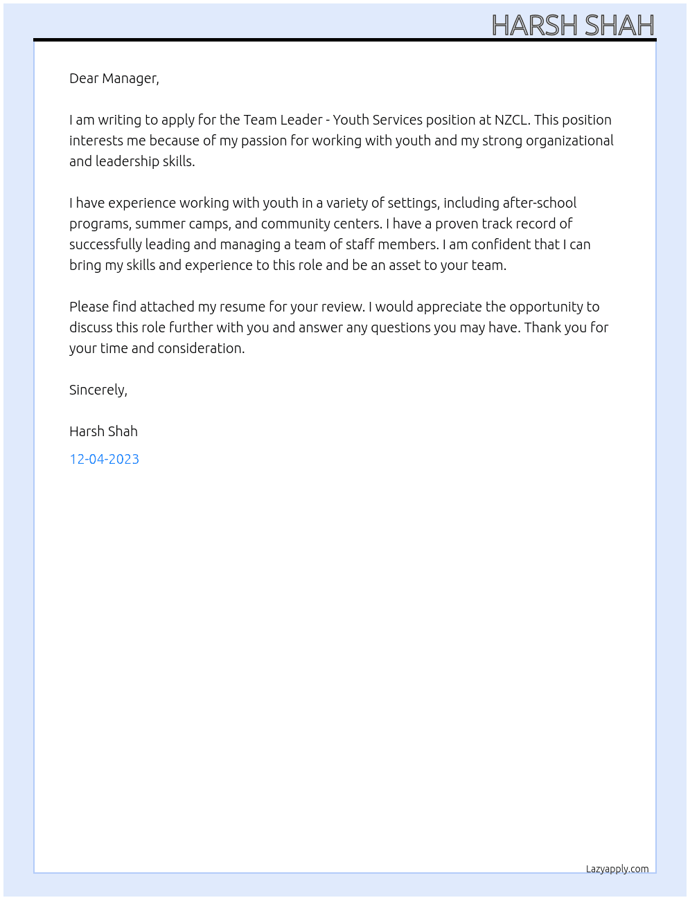 Team Leader - Youth Services At NZCL Cover Letter