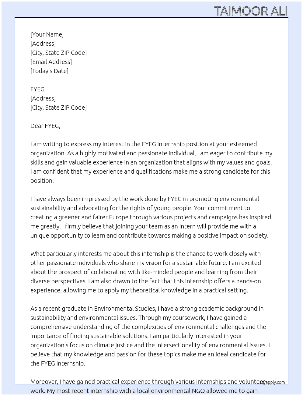 FYEG Internship At FYEG Cover Letter