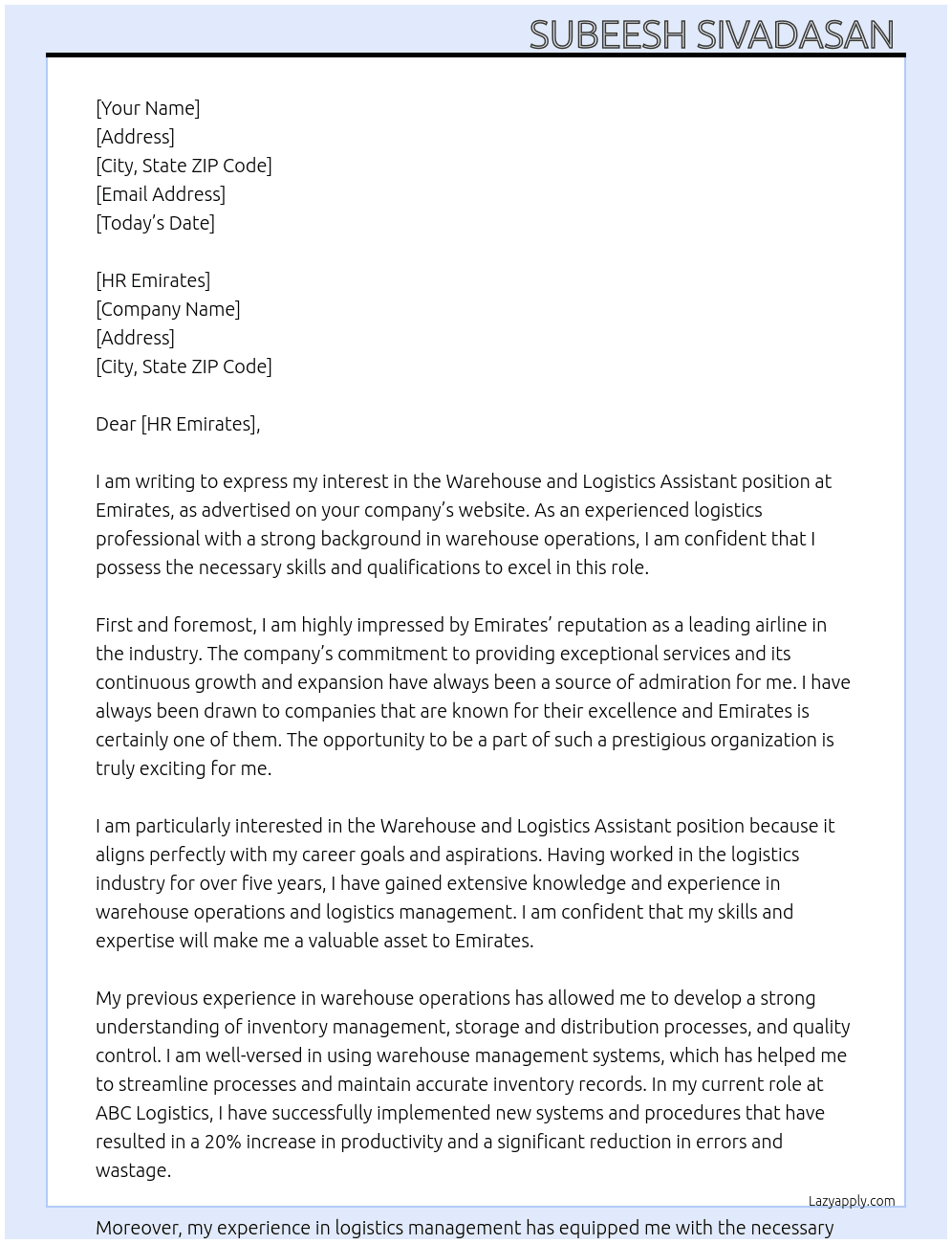 Cover letter for warehouse and logistics assistant - LazyApply