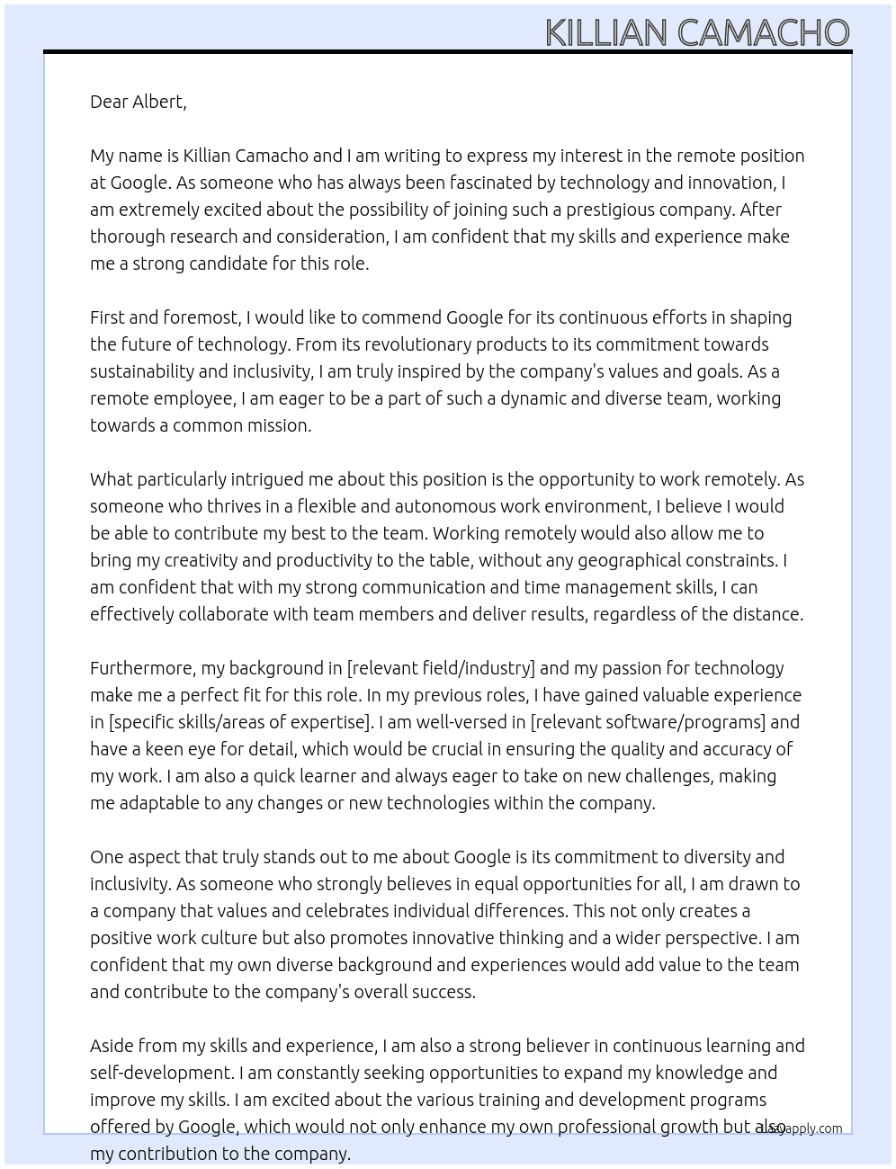 remote At google Cover Letter