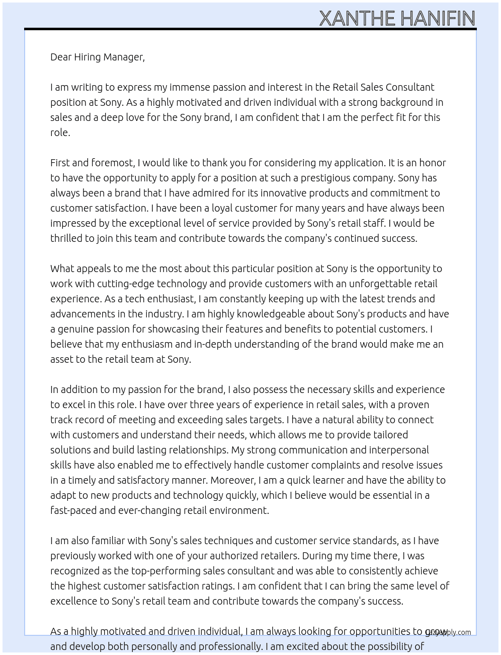 Retail Sales Consultant At Sony Cover Letter