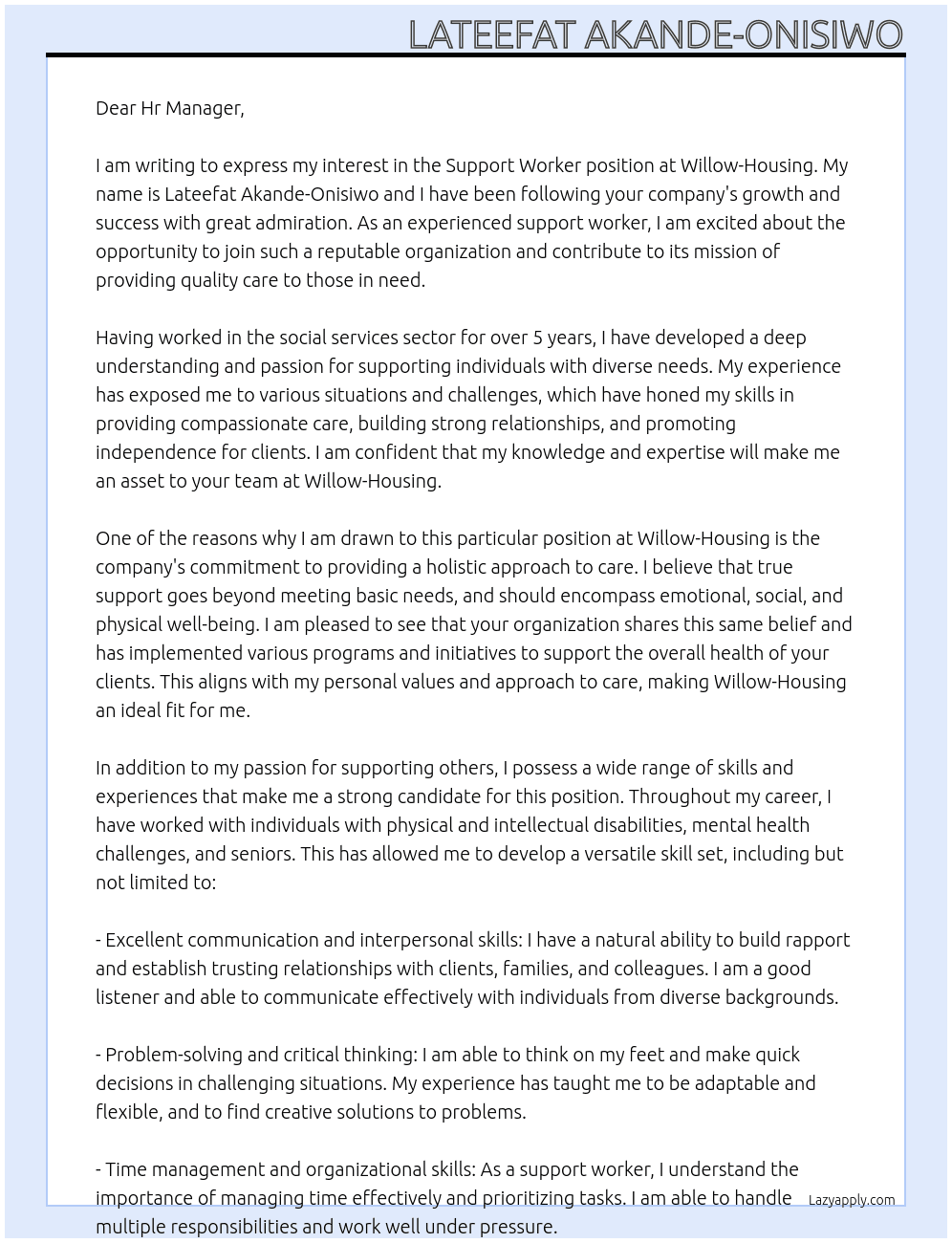 support worker At willow-housing Cover Letter