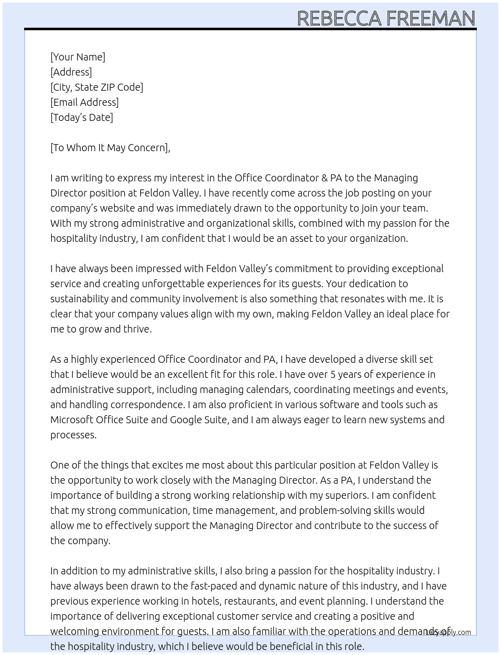 Office Co-Ordinator & PA to the Managing Director At Feldon Valley Cover Letter