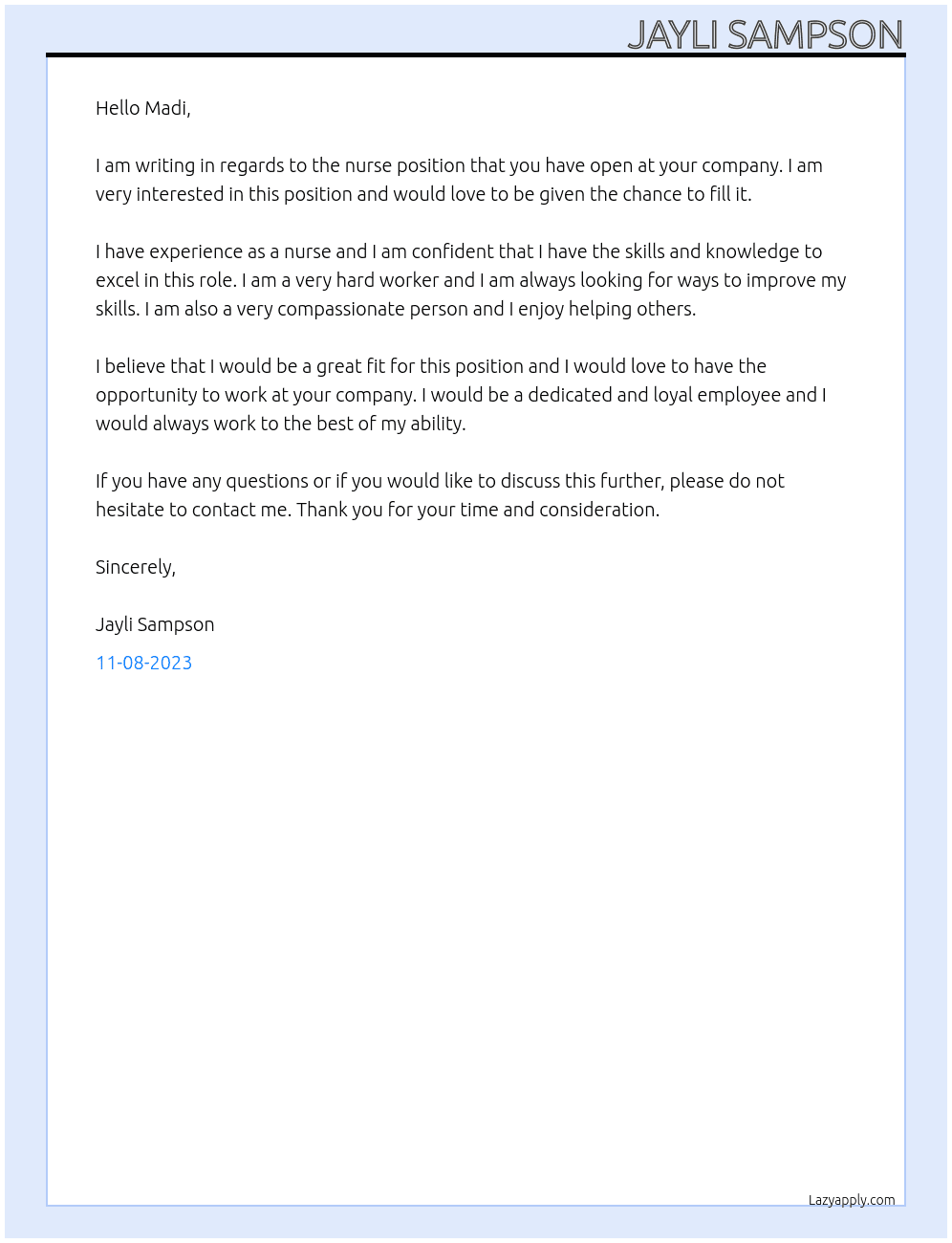 nurse At jayli  Cover Letter