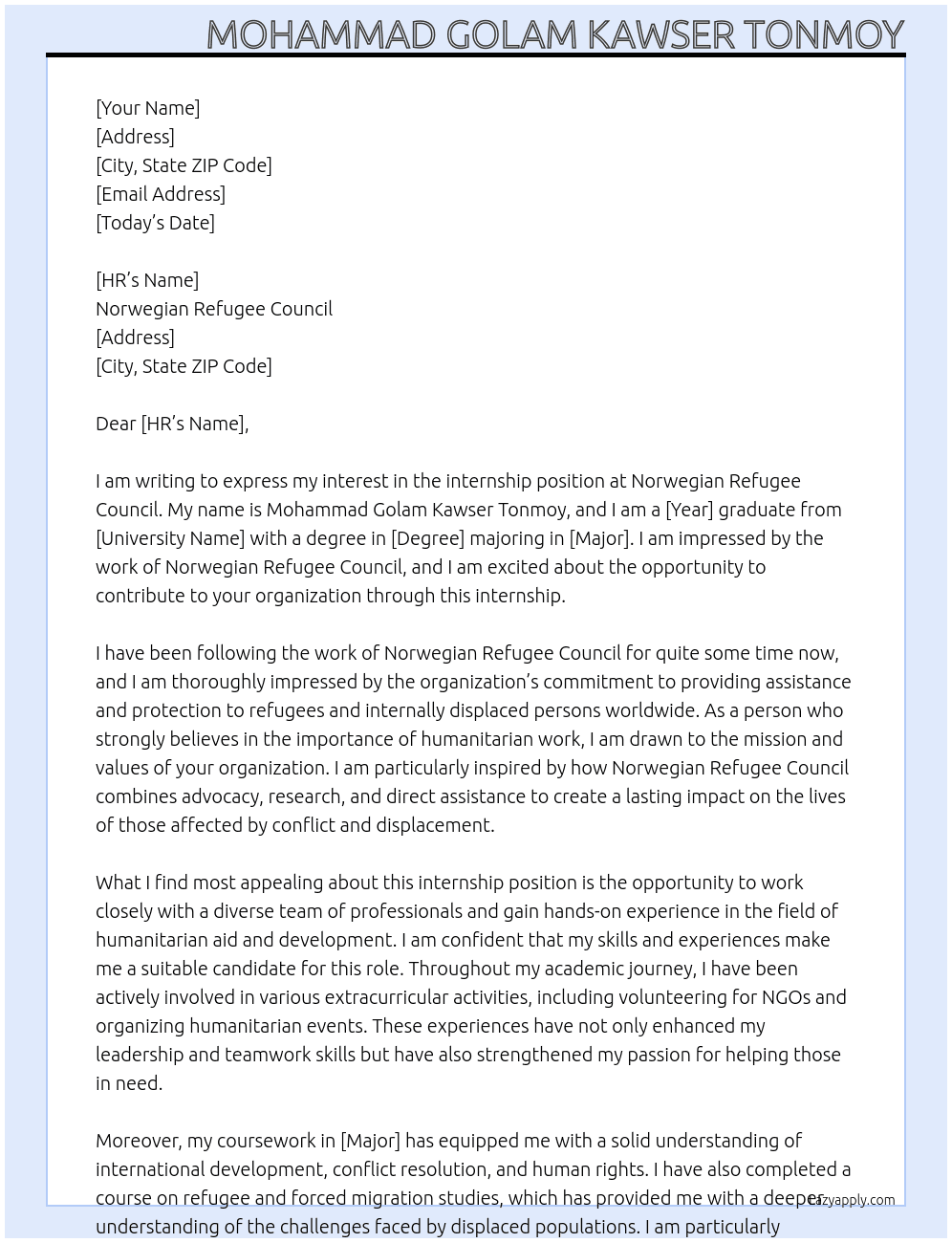 Internship At Norweigiam Refugee Council Cover Letter