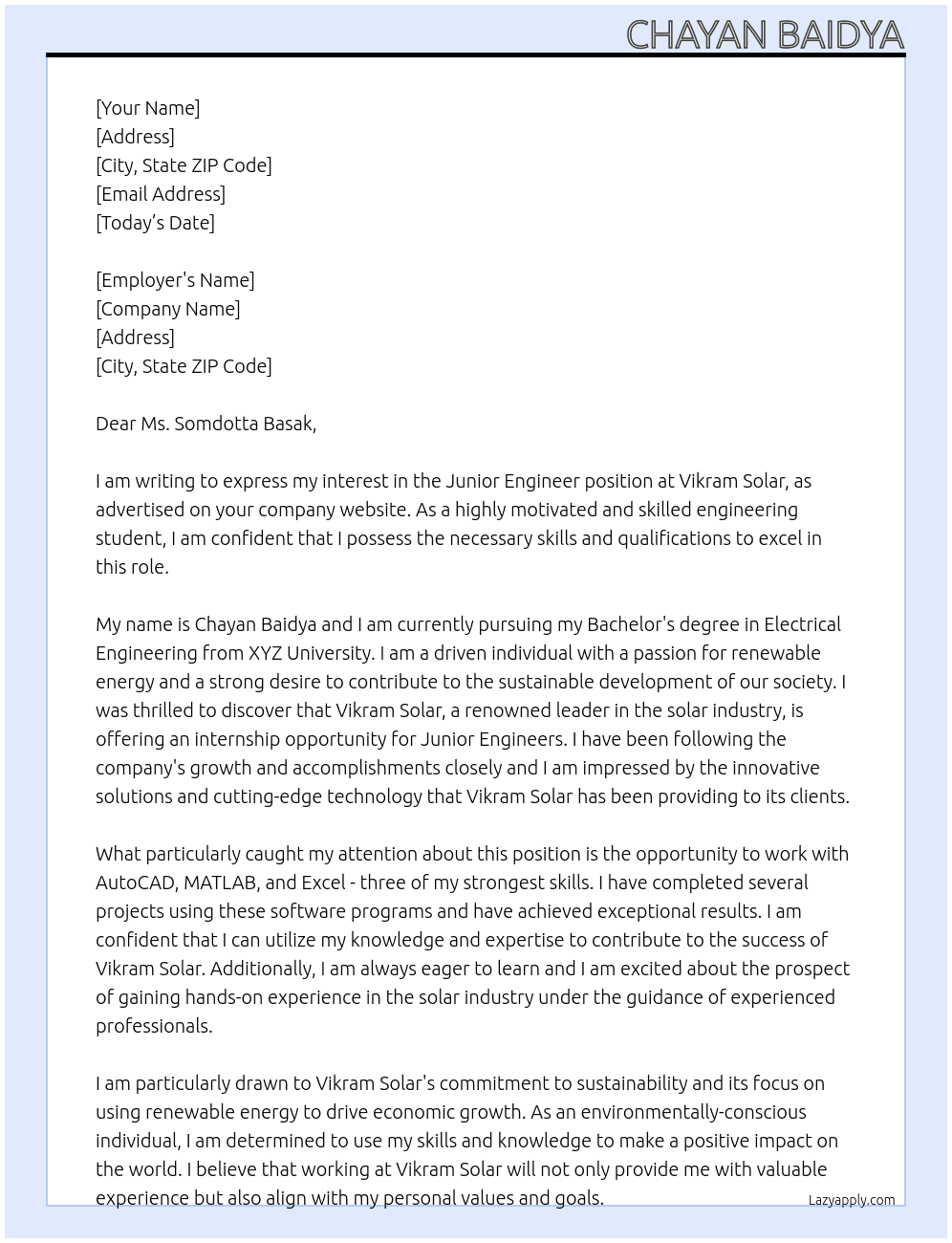 Junior Engineer At Vikram Solar Cover Letter