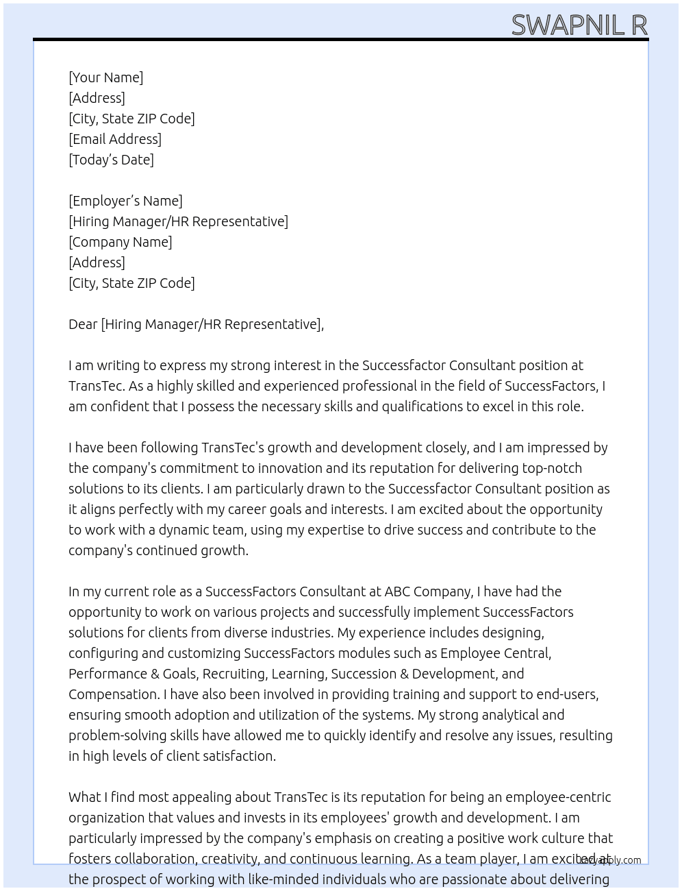 Successfactor Consultant At TransTec Cover Letter