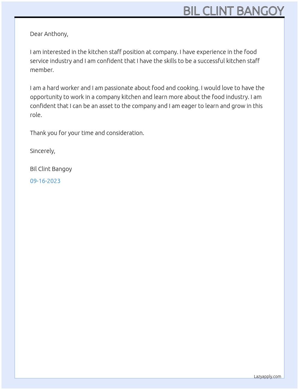 Kitchen staff At company Cover Letter