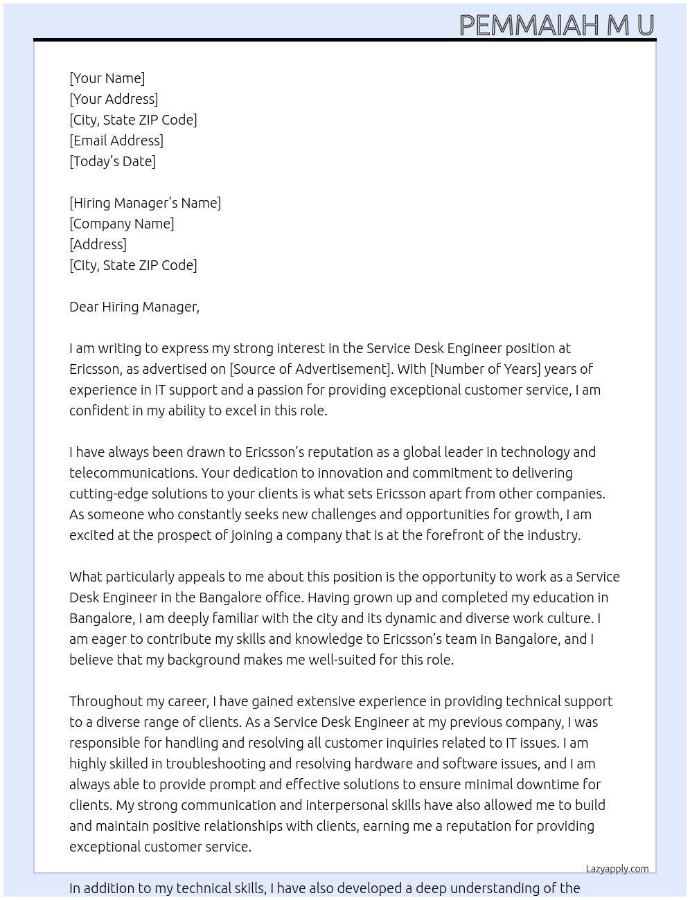 Service Desk Engineer At Ericsson Cover Letter