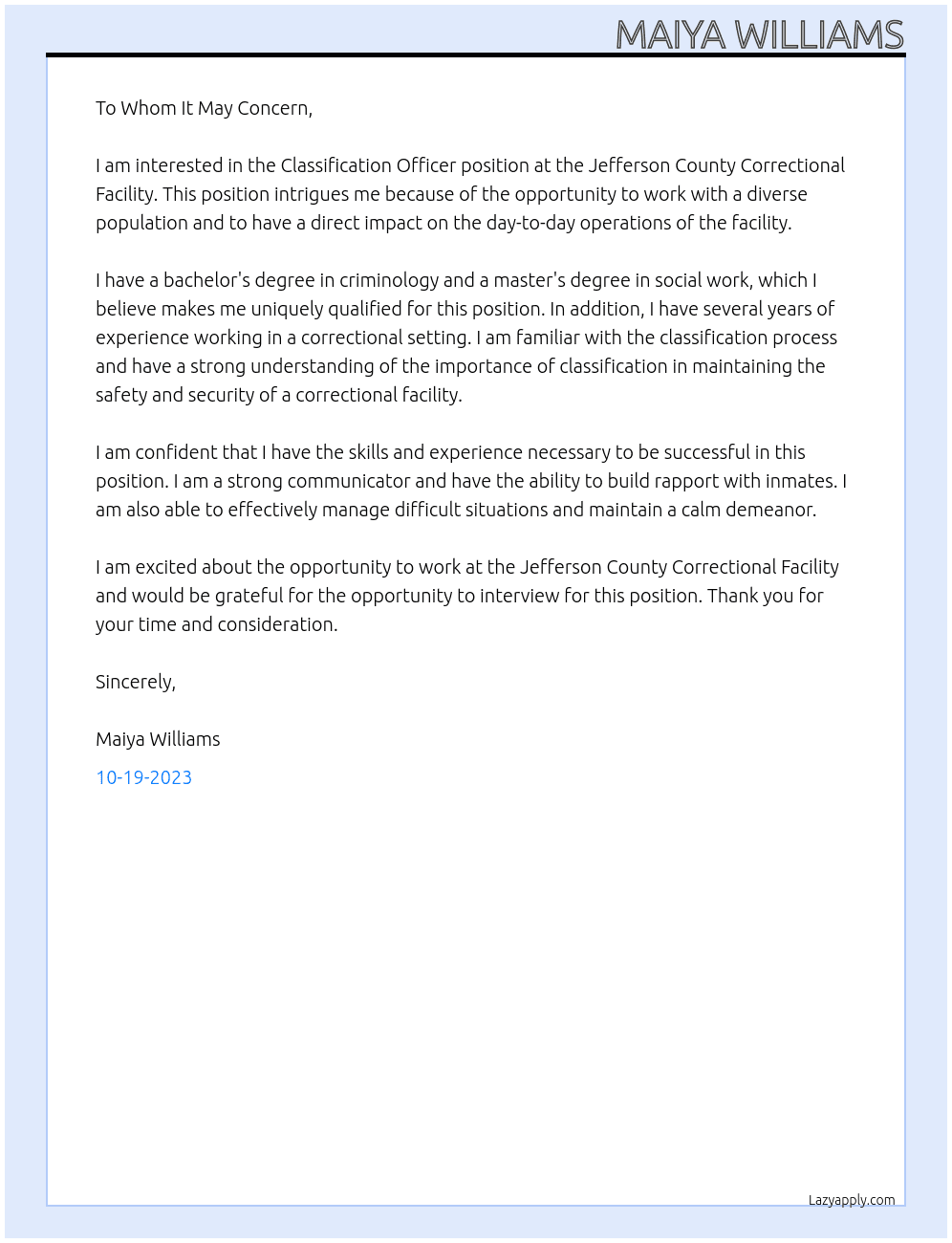 Classification Officer  At Jefferson County Correctional Facilikty  Cover Letter