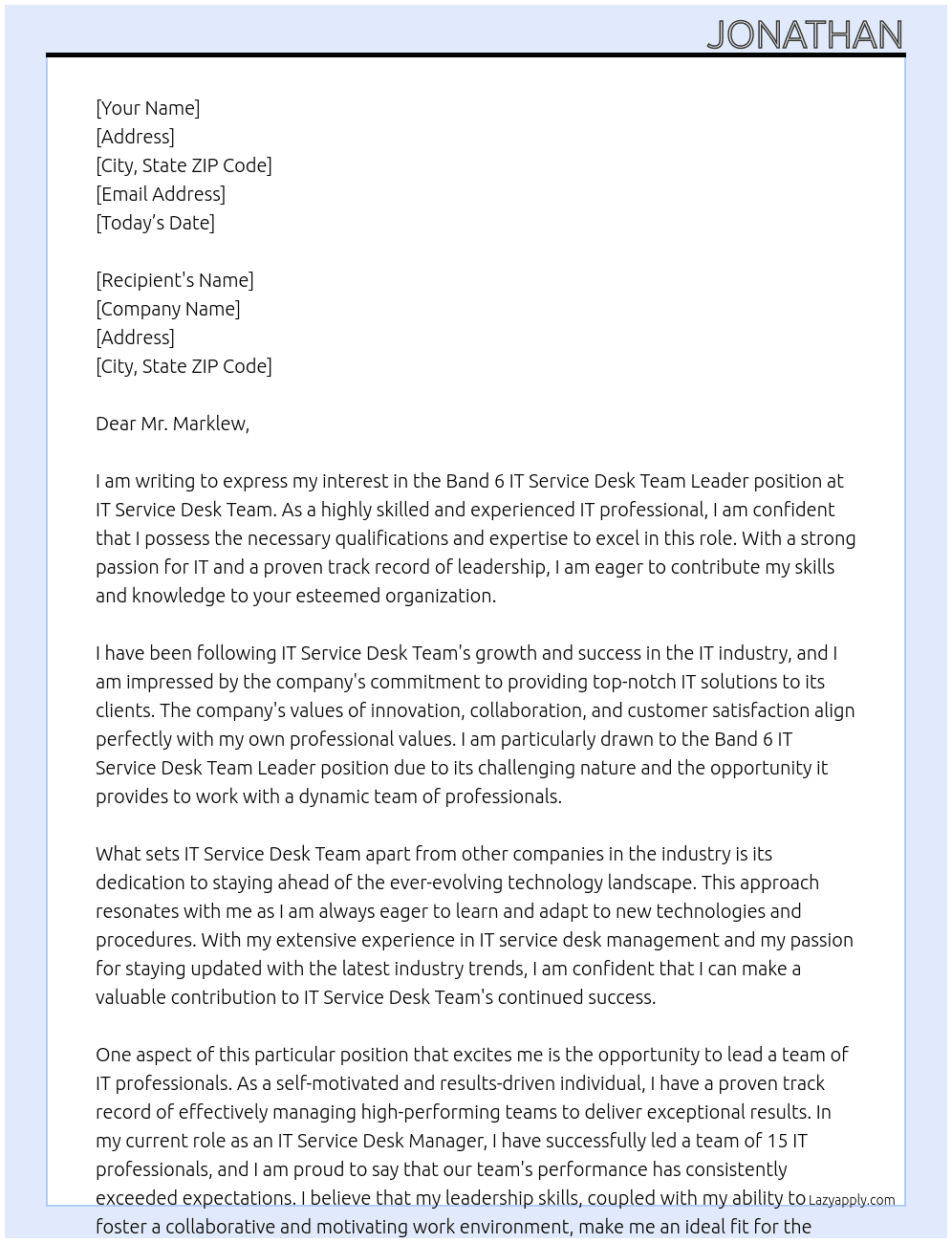 Band 6 IT Service Desk Team Leader At IT Service Desk Team Cover Letter