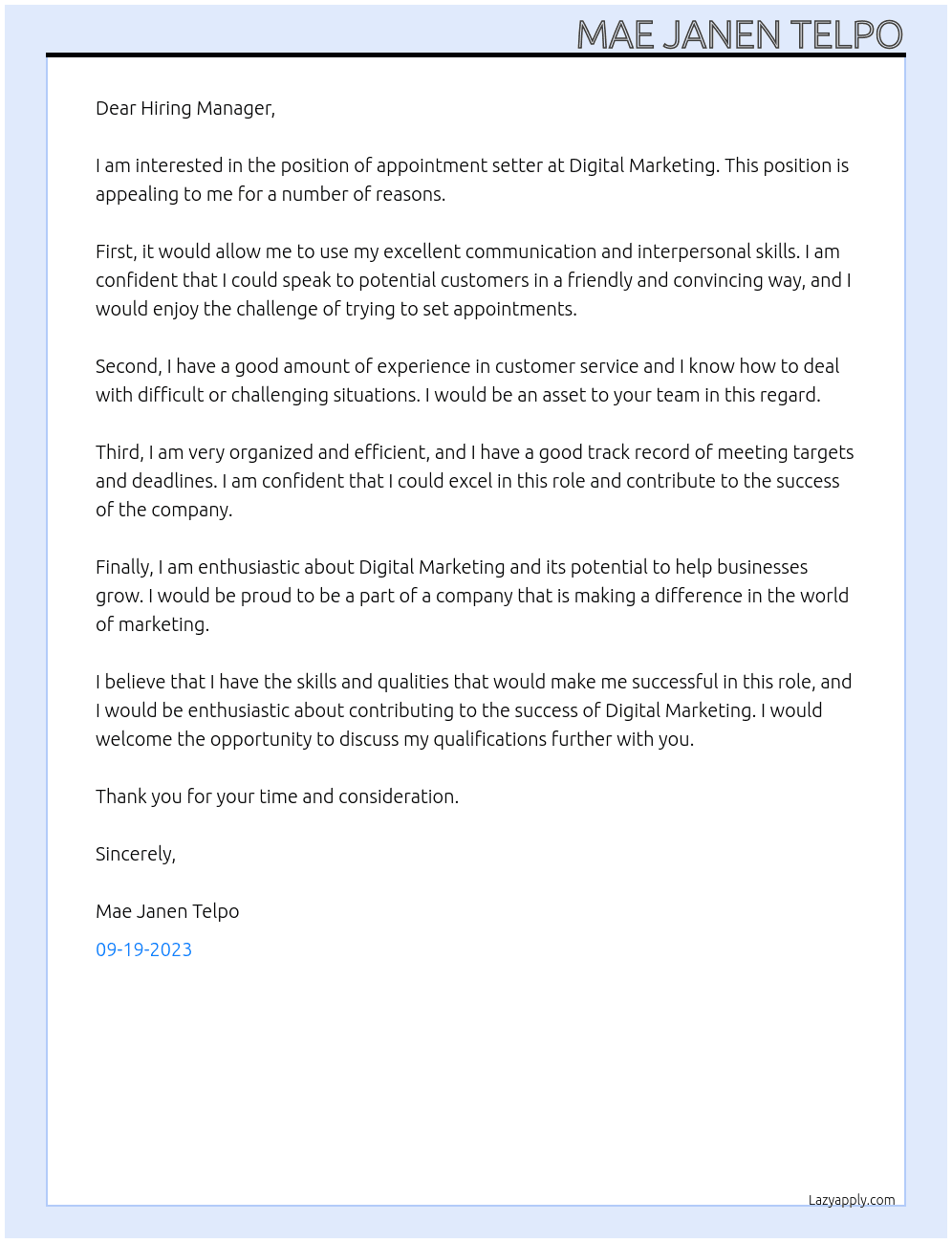 appointment setter At digital marketing Cover Letter