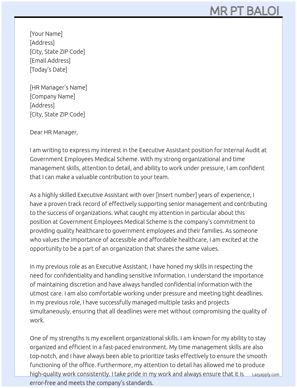 Executive Assistant: Internal Audit At Government Employees Medical Scheme  Cover Letter