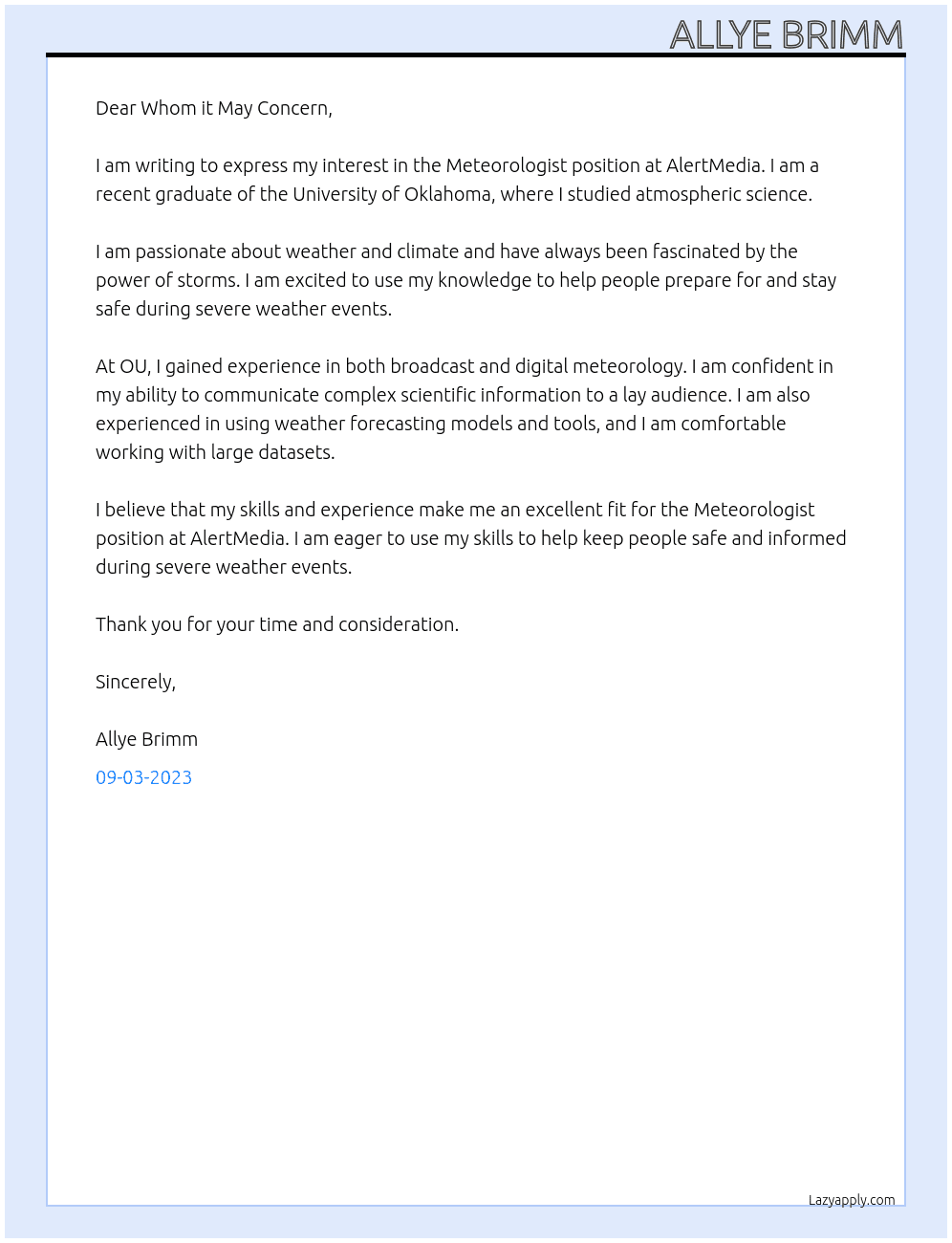 Meteorologist At AlertMedia Cover Letter