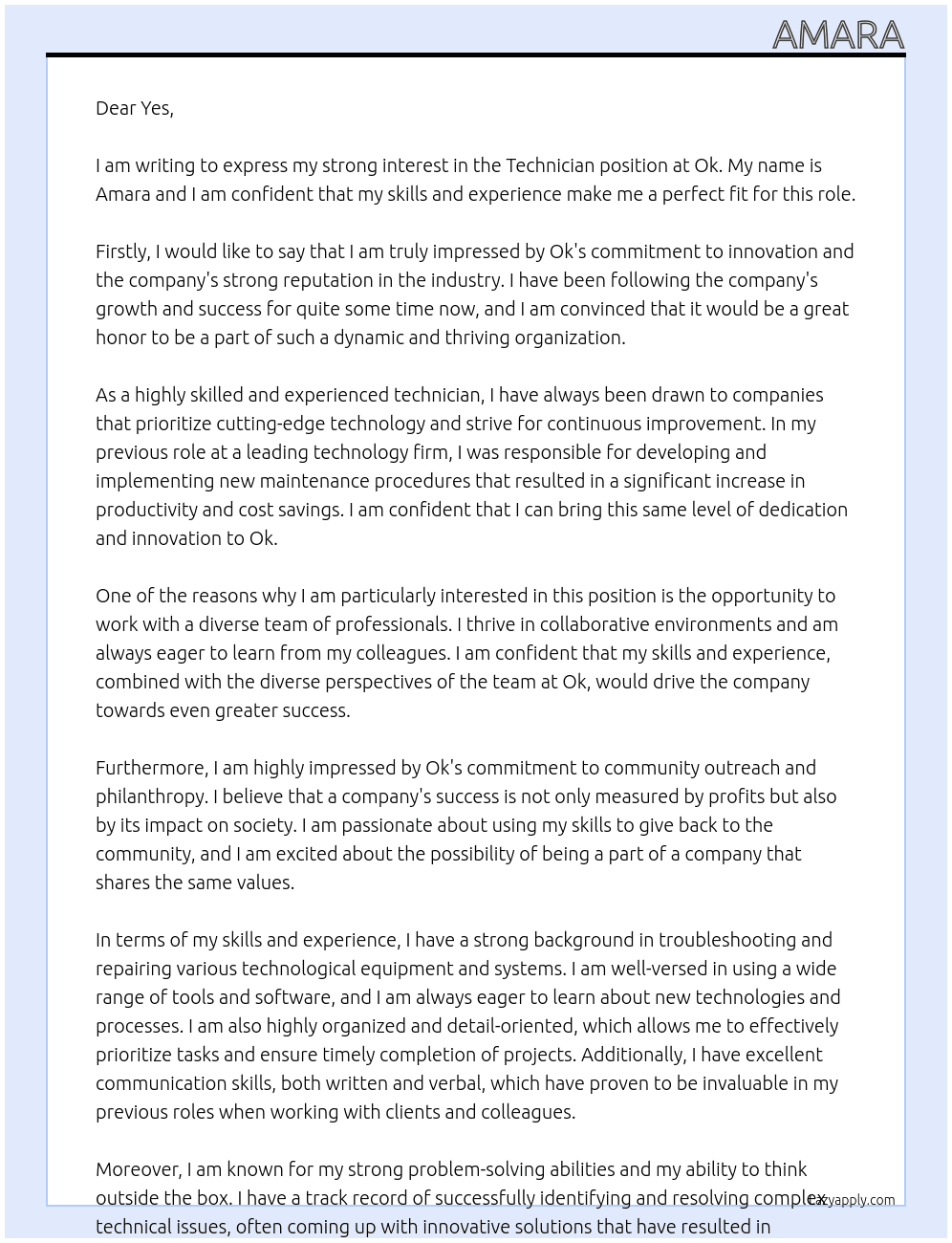 Technician  At Ok Cover Letter