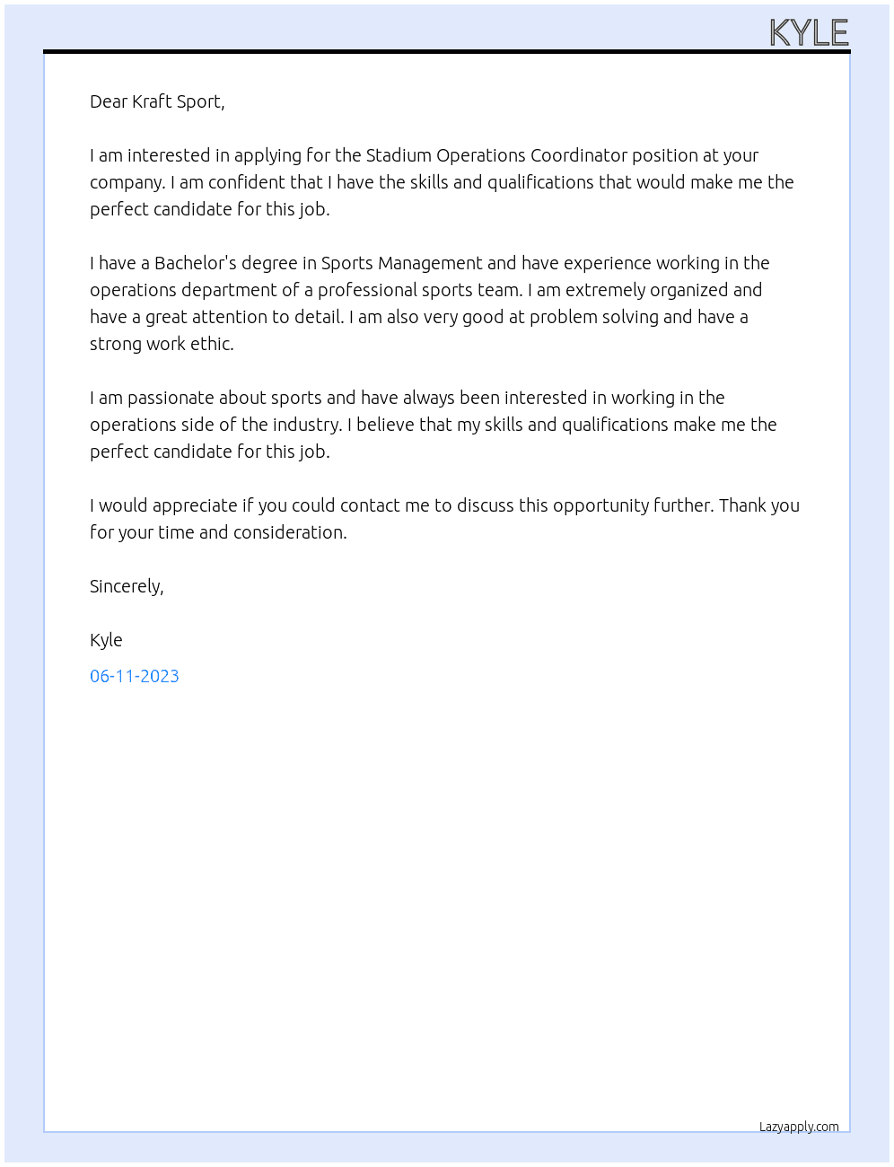 Stadium Operations Coordinator At Kraft Sport Cover Letter