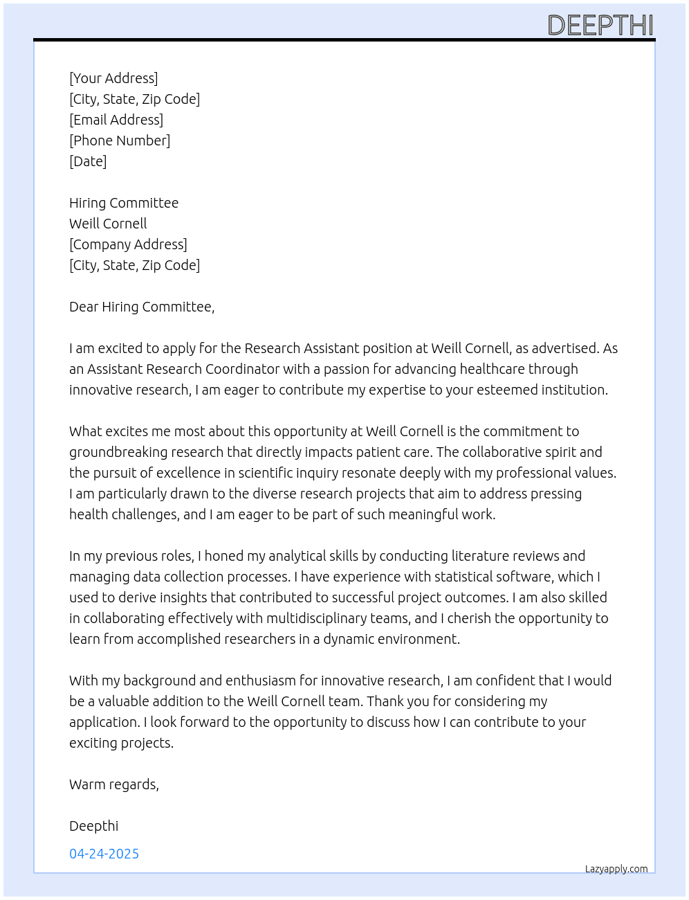 Research assistant At Weill Cornell Cover Letter